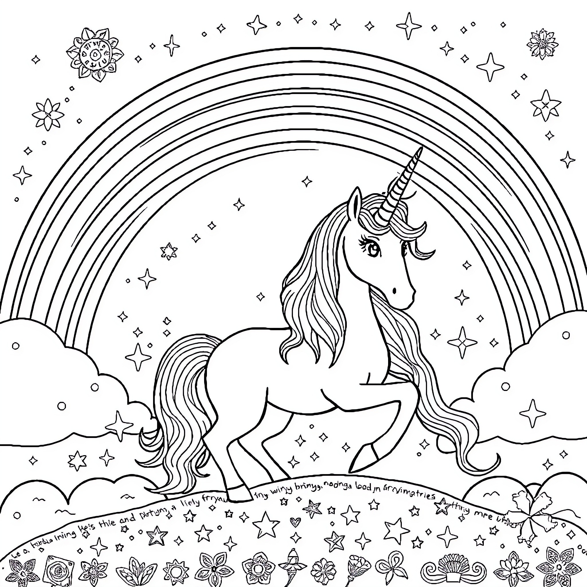 Unicorn Prancing Among Rainbows and Stars Coloring Page (free black-and-white line drawing printable PDF for all, from beginners to advanced learners, including children, teens, adults, and seniors)