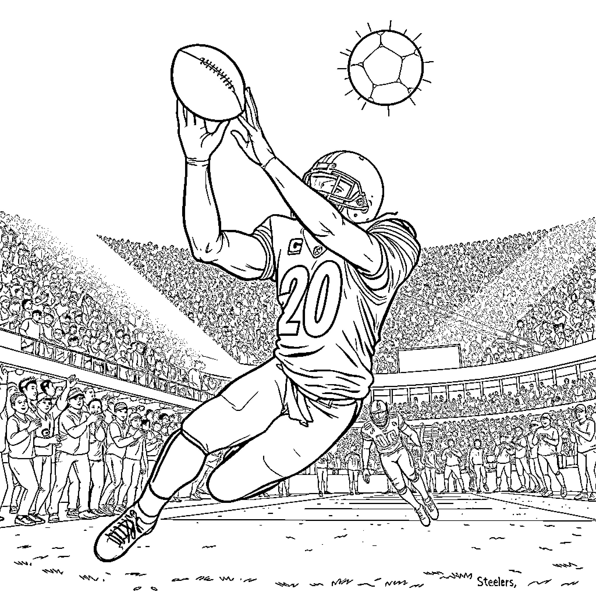 George Pickens Makes Spectacular Football Catch in Stadium Coloring Page (free black-and-white line drawing printable PDF for all, from beginners to advanced learners, including children, teens, adults, and seniors)