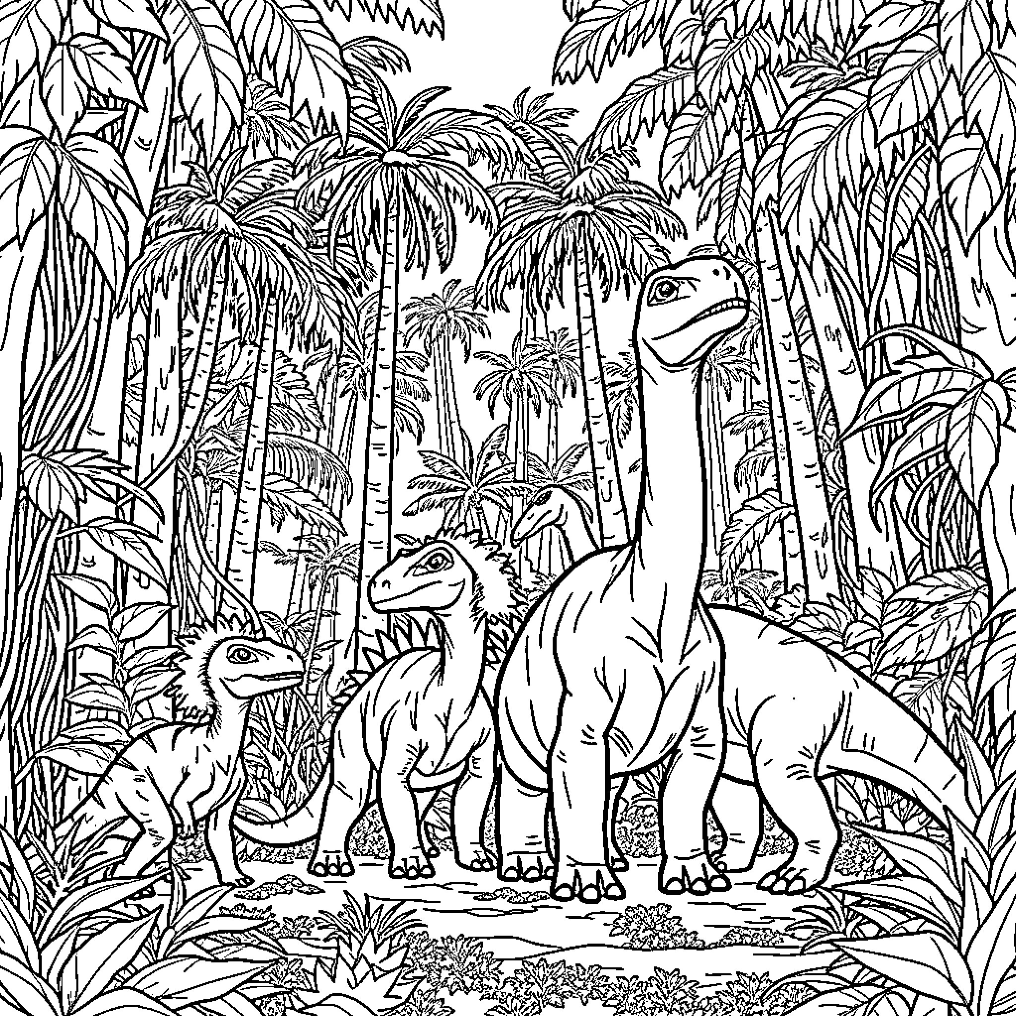 Dinosaurs exploring lush tropical jungle Coloring Page (free black-and-white line drawing printable PDF for all, from beginners to advanced learners, including children, teens, adults, and seniors)