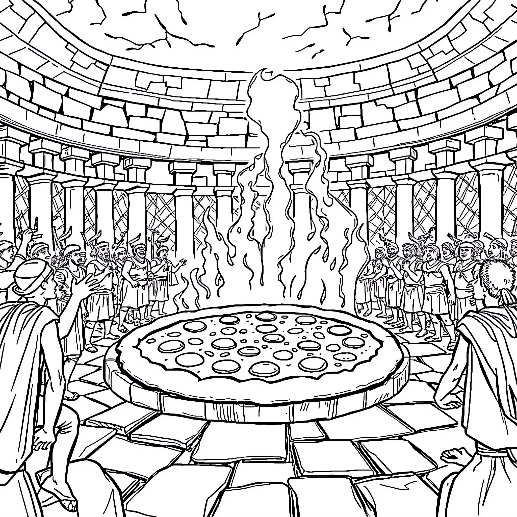 Pizza Party in the Grand Palace Coloring Page (free black-and-white line drawing printable PDF for all, from beginners to advanced learners, including children, teens, adults, and seniors)