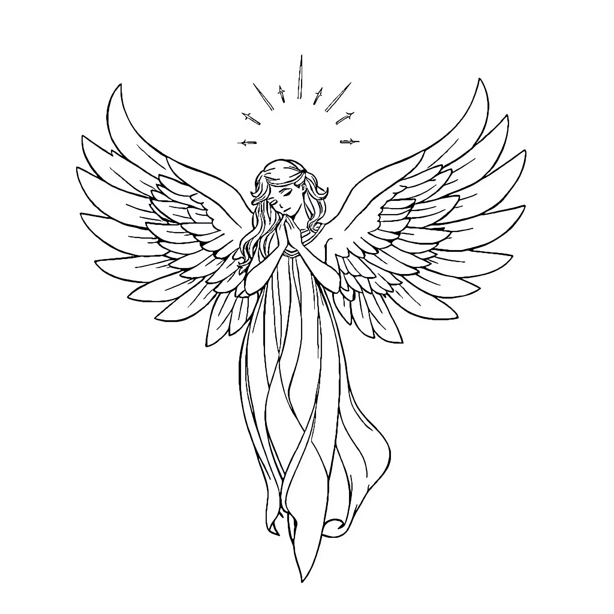 Angel of Guidance with Outstretched Wings Coloring Page (free black-and-white line drawing printable PDF for all, from beginners to advanced learners, including children, teens, adults, and seniors)
