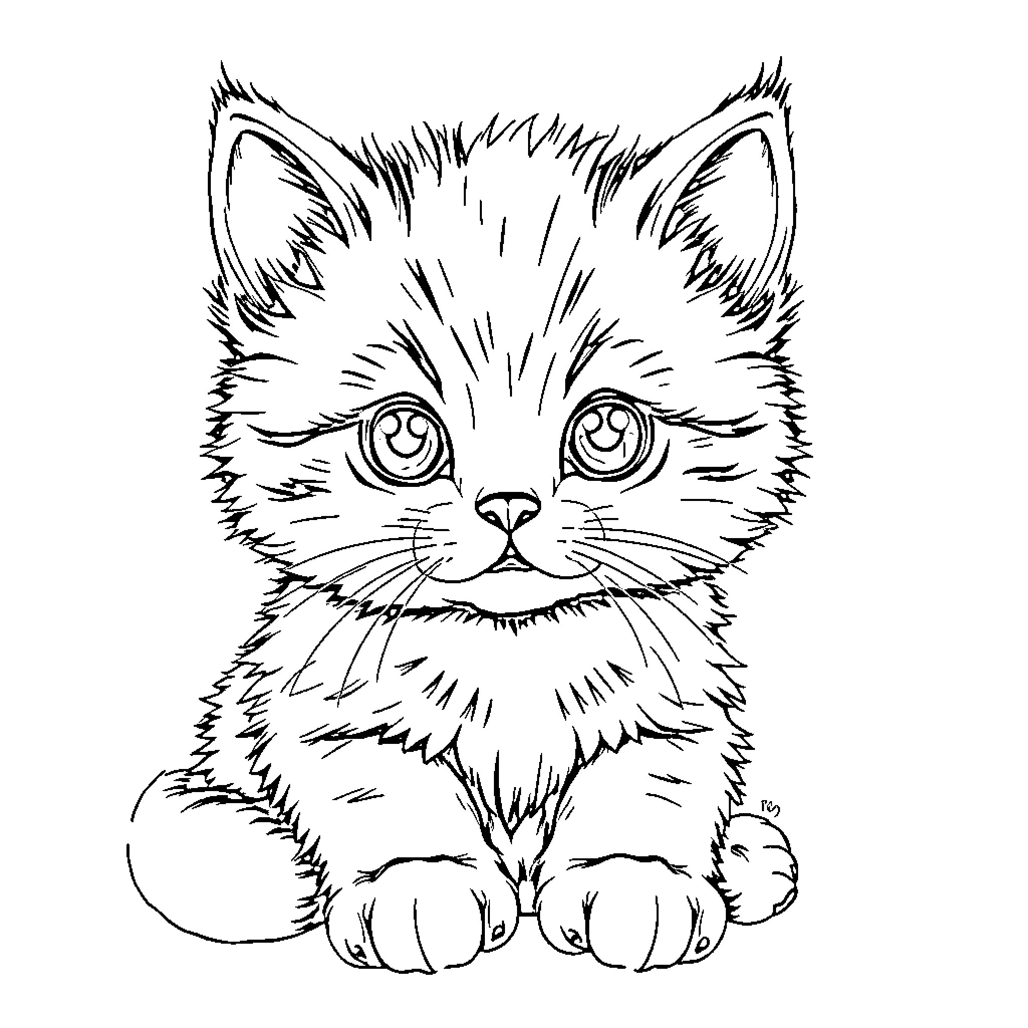 Kitten with big eyes and fluffy fur Coloring Page (free black-and-white line drawing printable PDF for all, from beginners to advanced learners, including children, teens, adults, and seniors)