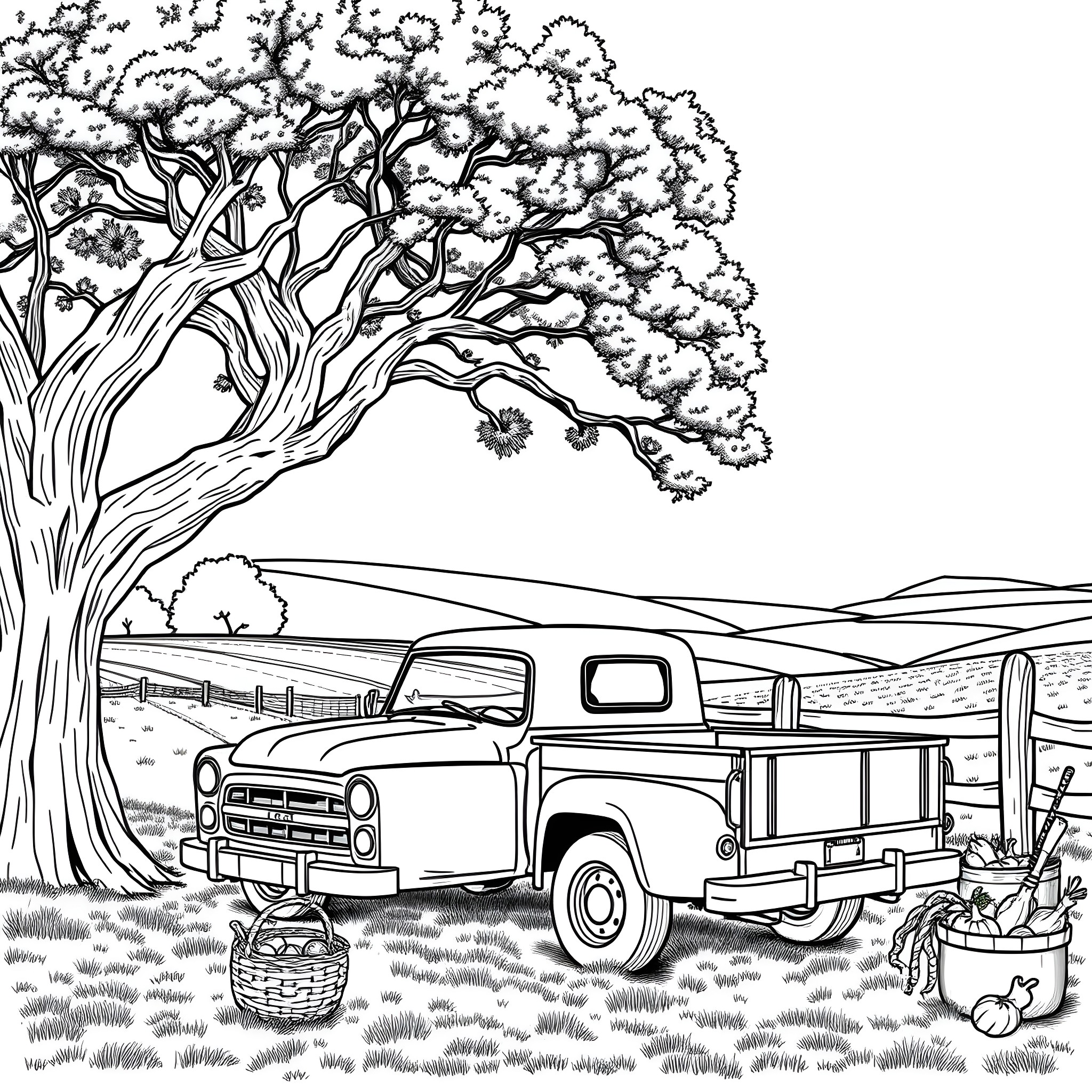 Pickup truck and countryside scenery Coloring Page (free black-and-white line drawing printable PDF for all, from beginners to advanced learners, including children, teens, adults, and seniors)