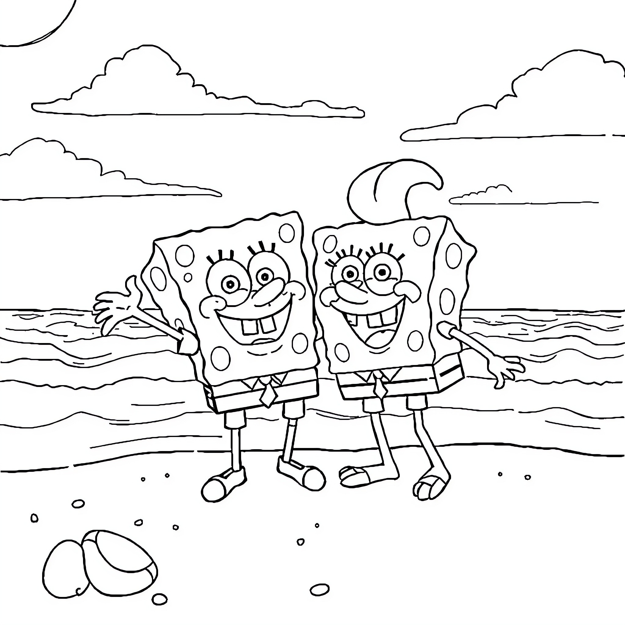 Spongebob and friend playing on the beach Coloring Page (free black-and-white line drawing printable PDF for all, from beginners to advanced learners, including children, teens, adults, and seniors)