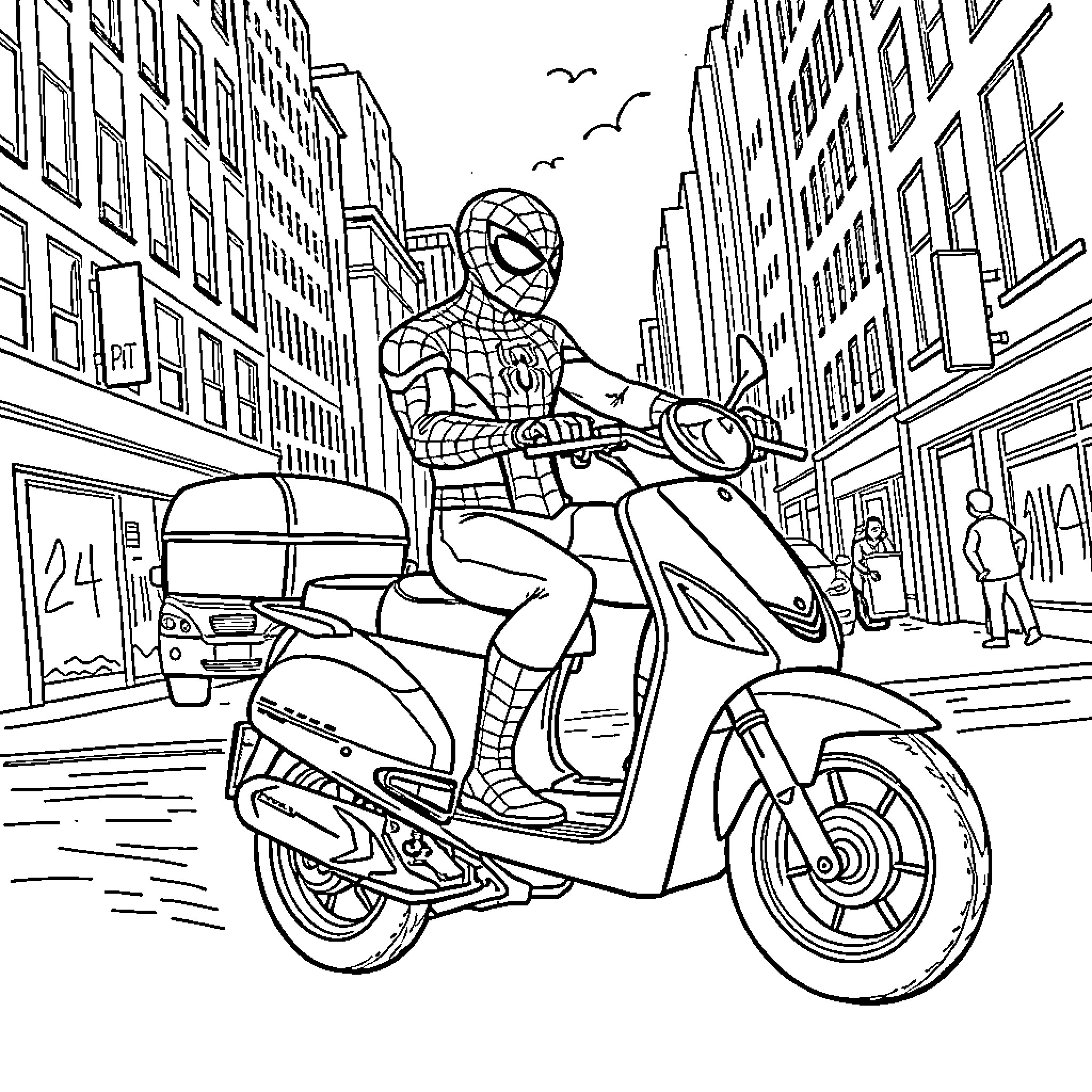 Spiderman riding scooter through busy city streets Coloring Page (free black-and-white line drawing printable PDF for all, from beginners to advanced learners, including children, teens, adults, and seniors)