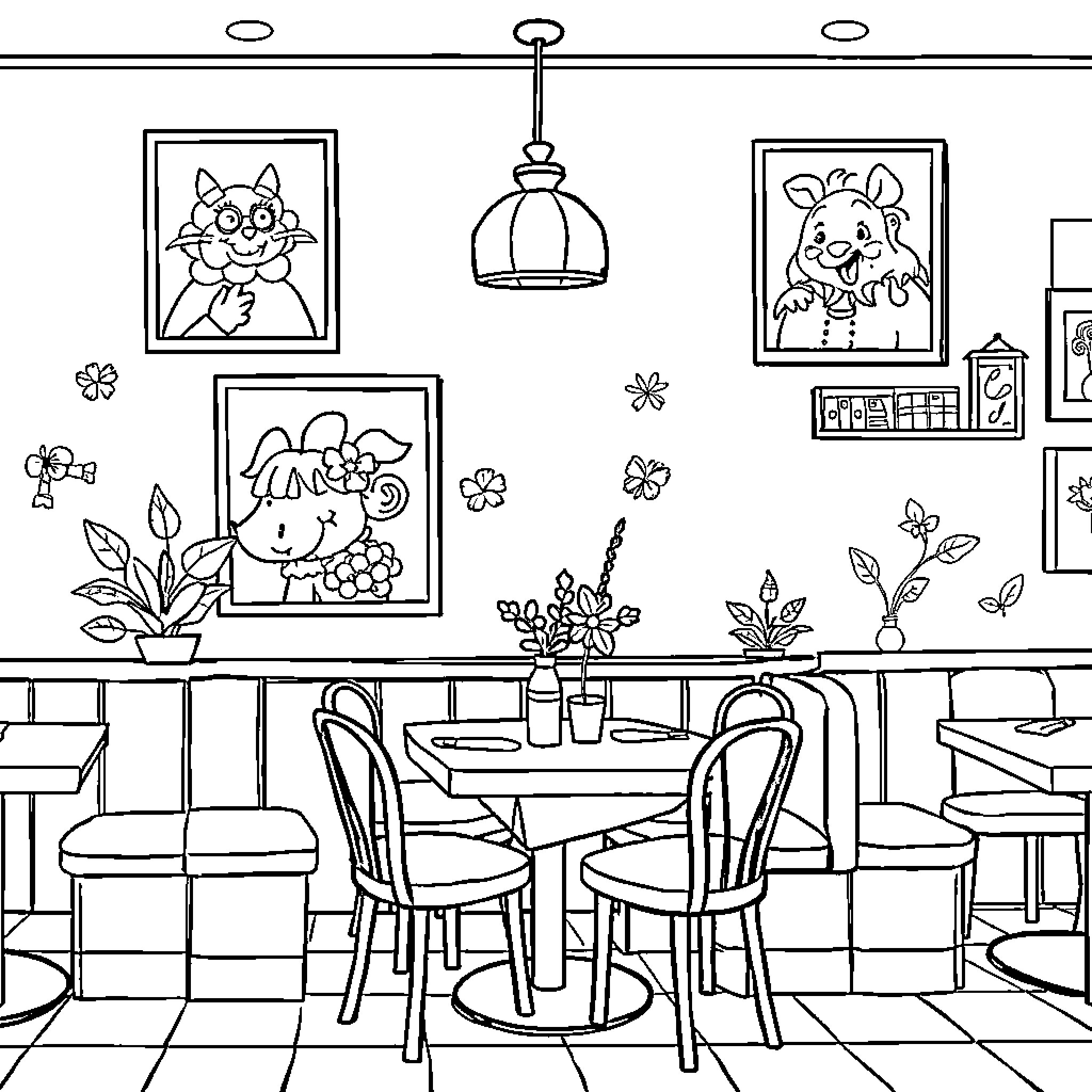 Restaurant featuring whimsical animal artwork and decor Coloring Page (free black-and-white line drawing printable PDF for all, from beginners to advanced learners, including children, teens, adults, and seniors)