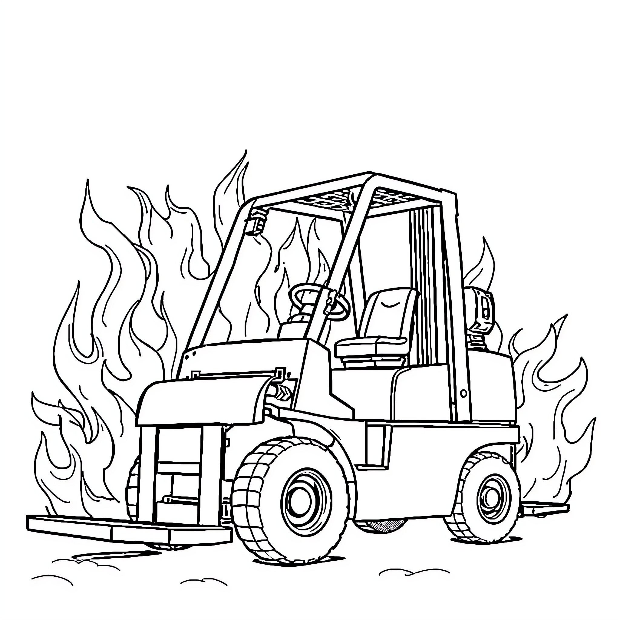 Forklift in Flames Navigating Challenging Terrain Coloring Page (free black-and-white line drawing printable PDF for all, from beginners to advanced learners, including children, teens, adults, and seniors)