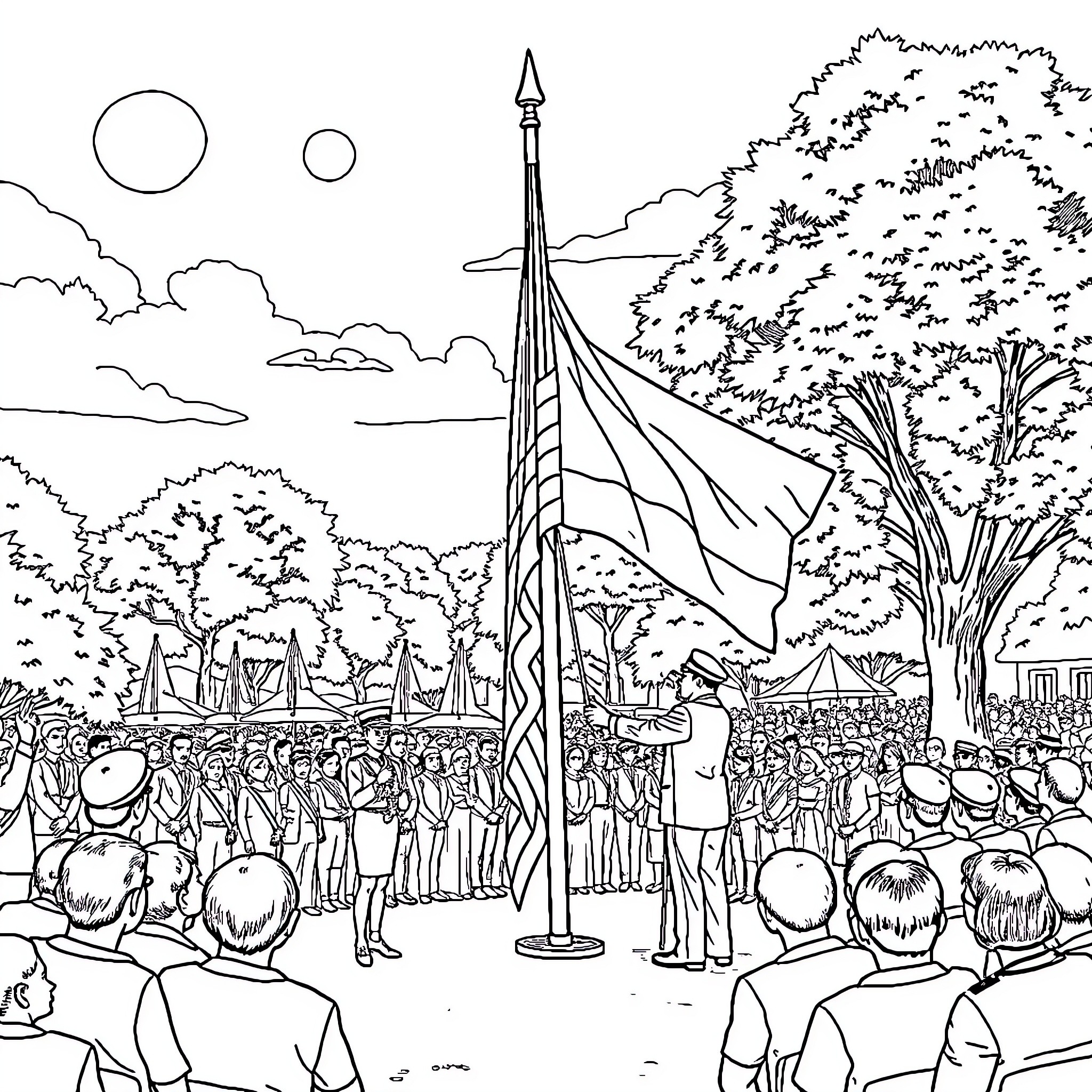 Flag Ceremony Commemorating a Special Occasion Coloring Page (free black-and-white line drawing printable PDF for all, from beginners to advanced learners, including children, teens, adults, and seniors)