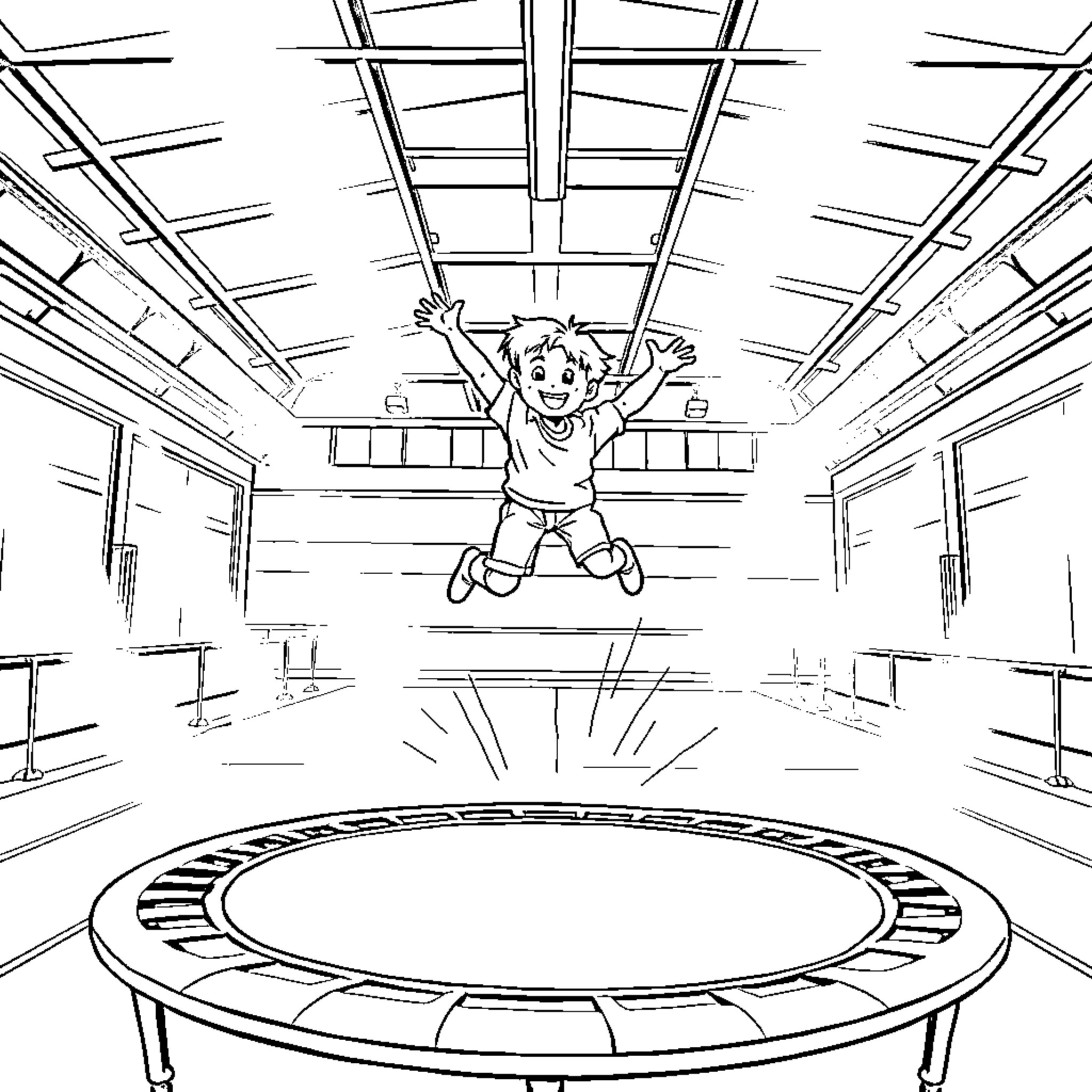 Boy bouncing happily on trampoline in gym Coloring Page (free black-and-white line drawing printable PDF for all, from beginners to advanced learners, including children, teens, adults, and seniors)