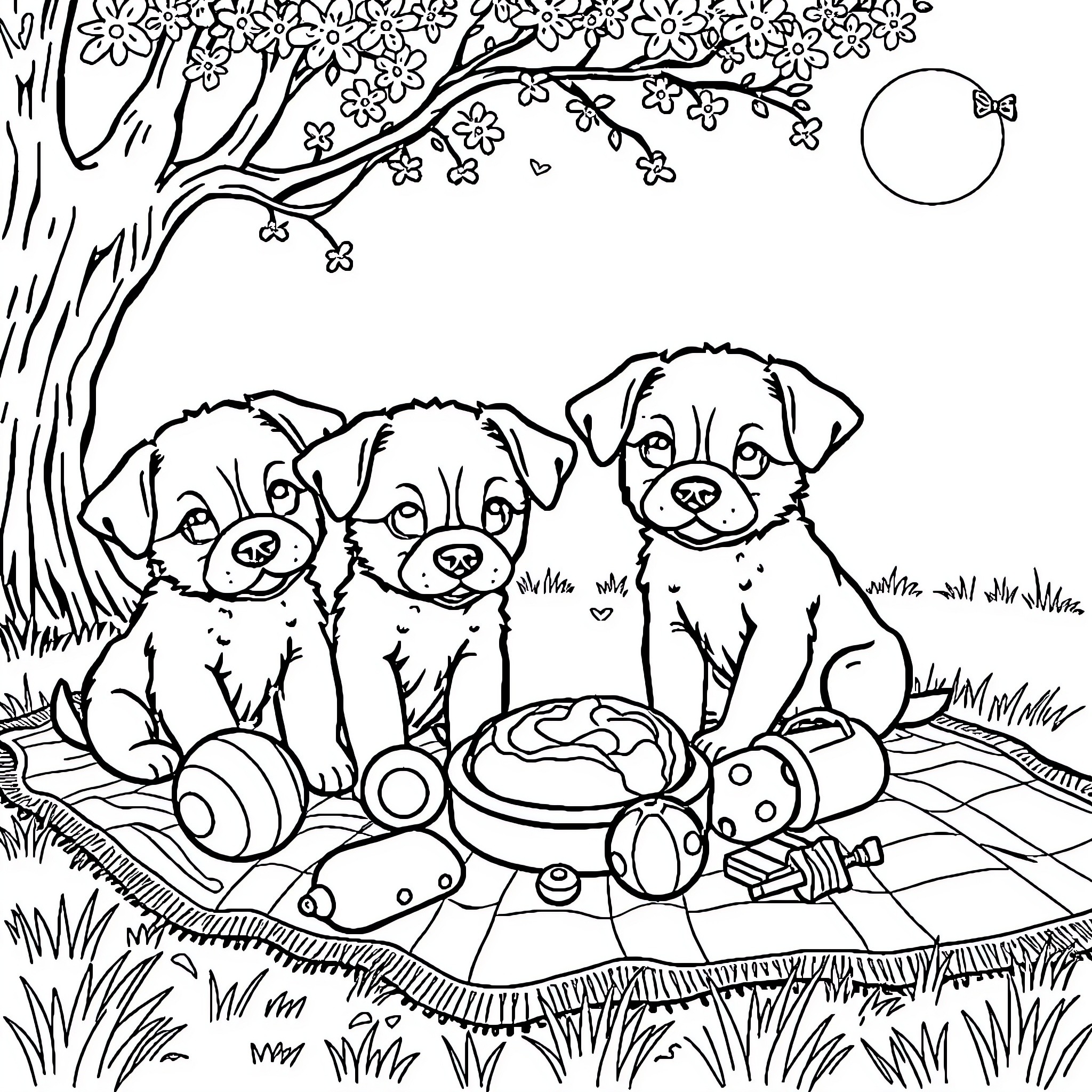 Puppy Picnic in the Springtime Coloring Page (free black-and-white line drawing printable PDF for all, from beginners to advanced learners, including children, teens, adults, and seniors)
