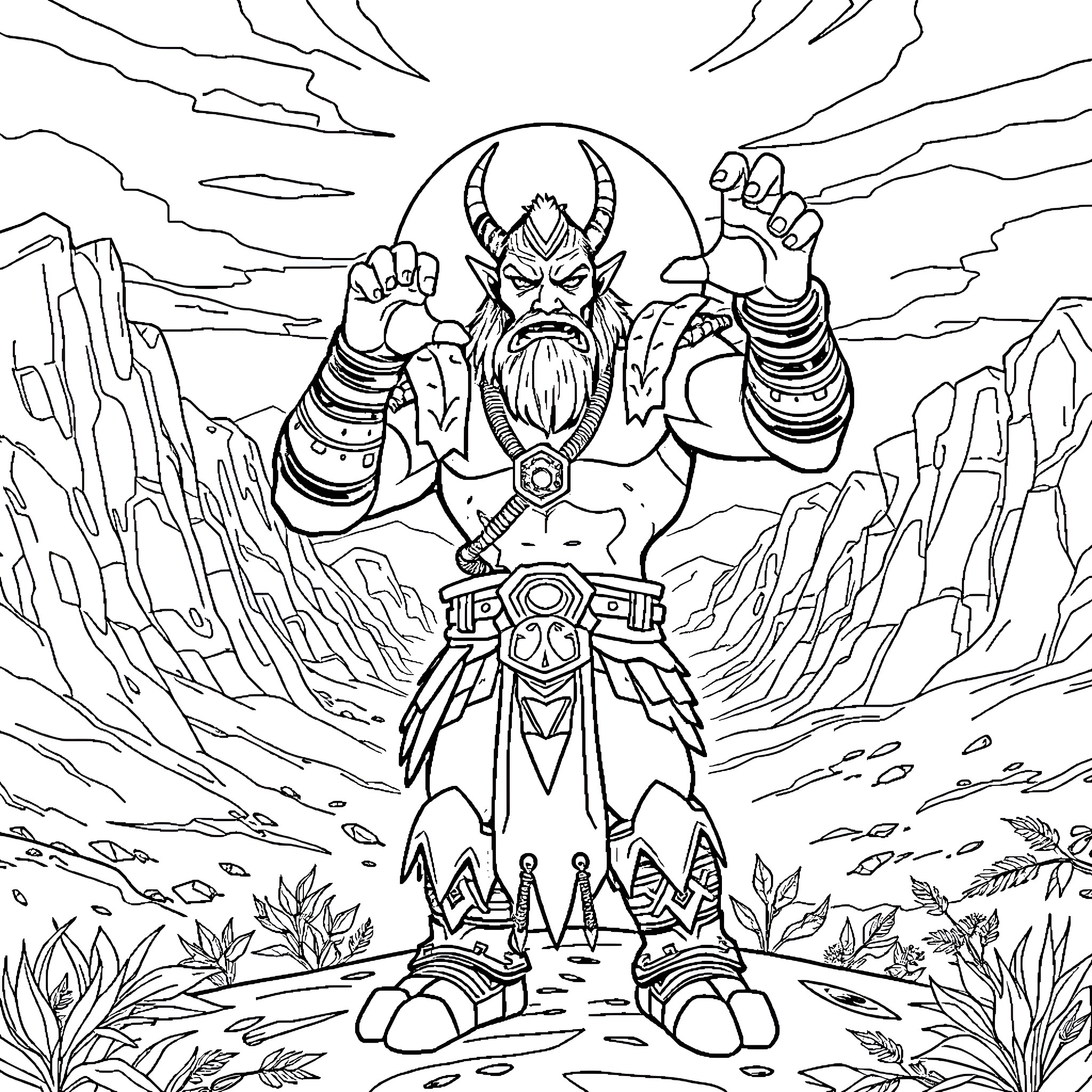 Thrall, the Mighty Orc Shaman in the Rugged Wilderness Coloring Page (free black-and-white line drawing printable PDF for all, from beginners to advanced learners, including children, teens, adults, and seniors)