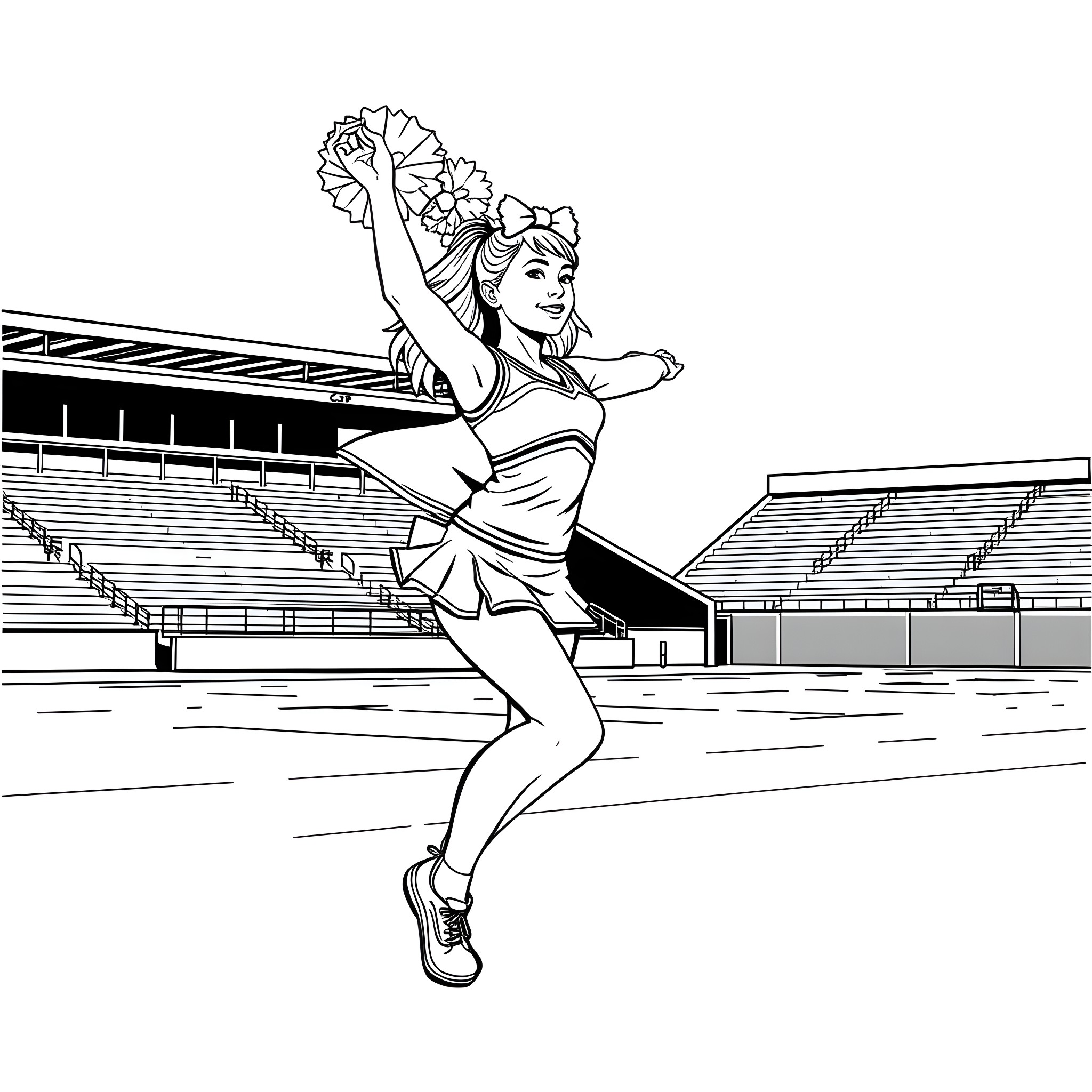 Cheerleader performing energetic routine on stadium field Coloring Page (free black-and-white line drawing printable PDF for all, from beginners to advanced learners, including children, teens, adults, and seniors)