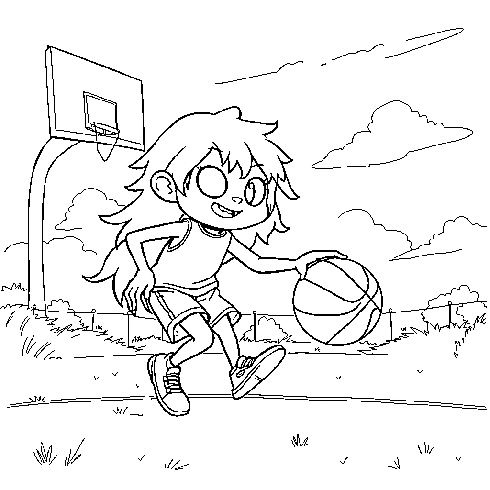 Isagi playing basketball outdoors Coloring Page (free black-and-white line drawing printable PDF for all, from beginners to advanced learners, including children, teens, adults, and seniors)