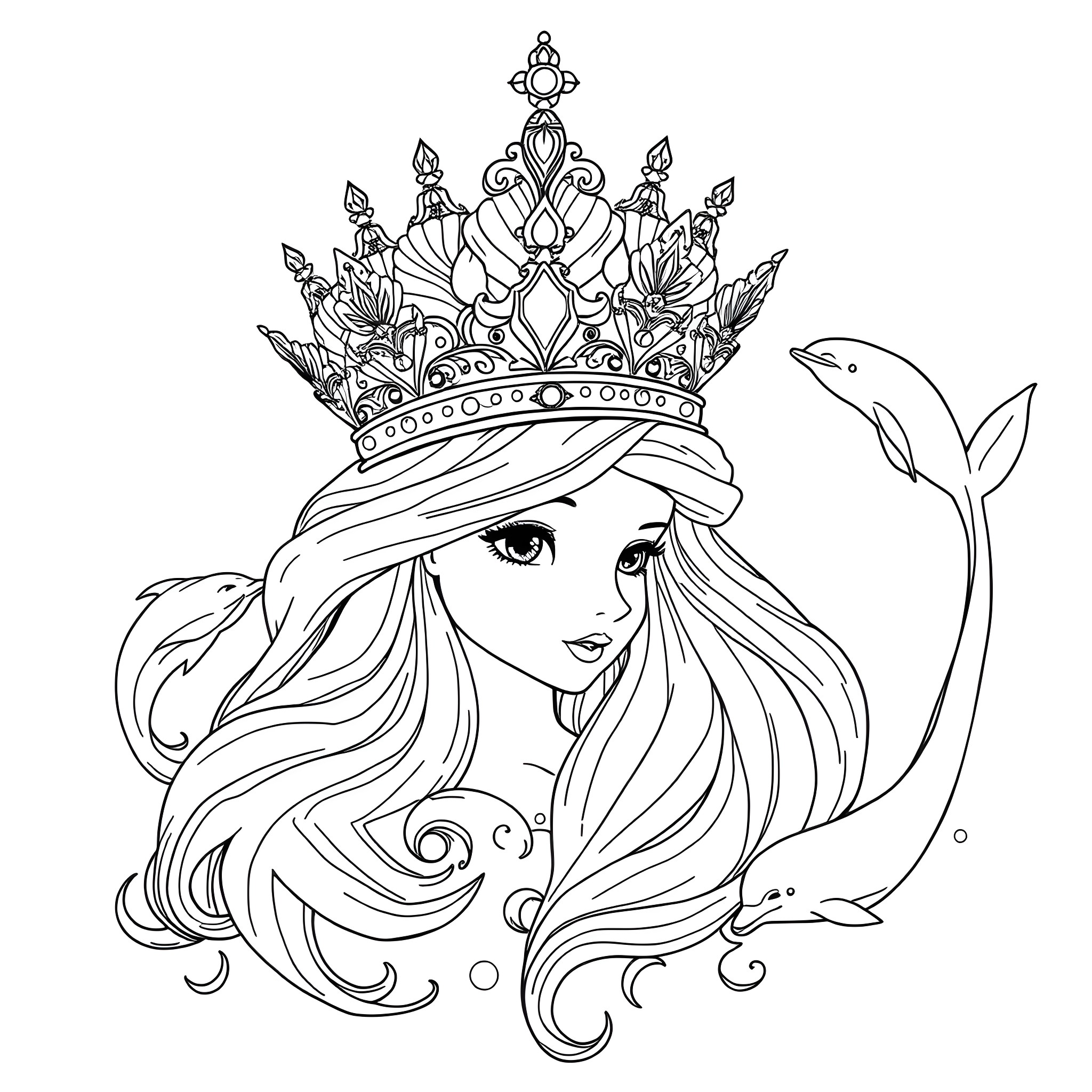 Ariel the Mermaid Princess in Elegant Crown Coloring Page (free black-and-white line drawing printable PDF for all, from beginners to advanced learners, including children, teens, adults, and seniors)
