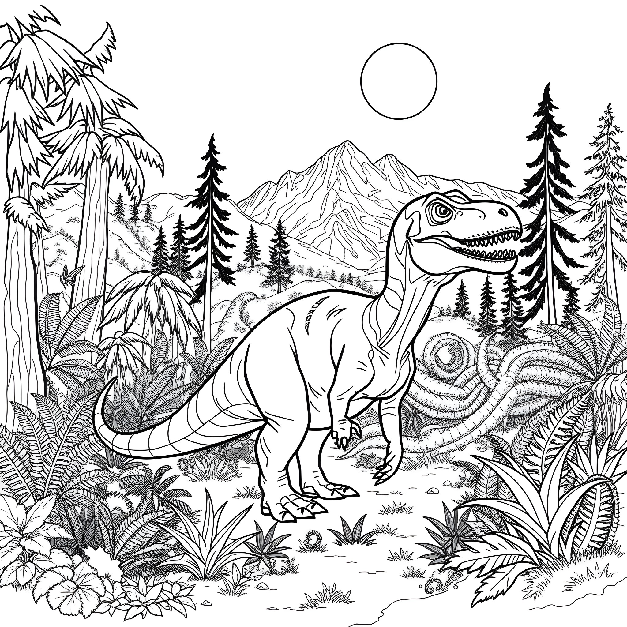 Plant Eater Dinosaur Exploring Lush Prehistoric Landscape Coloring Page (free black-and-white line drawing printable PDF for all, from beginners to advanced learners, including children, teens, adults, and seniors)
