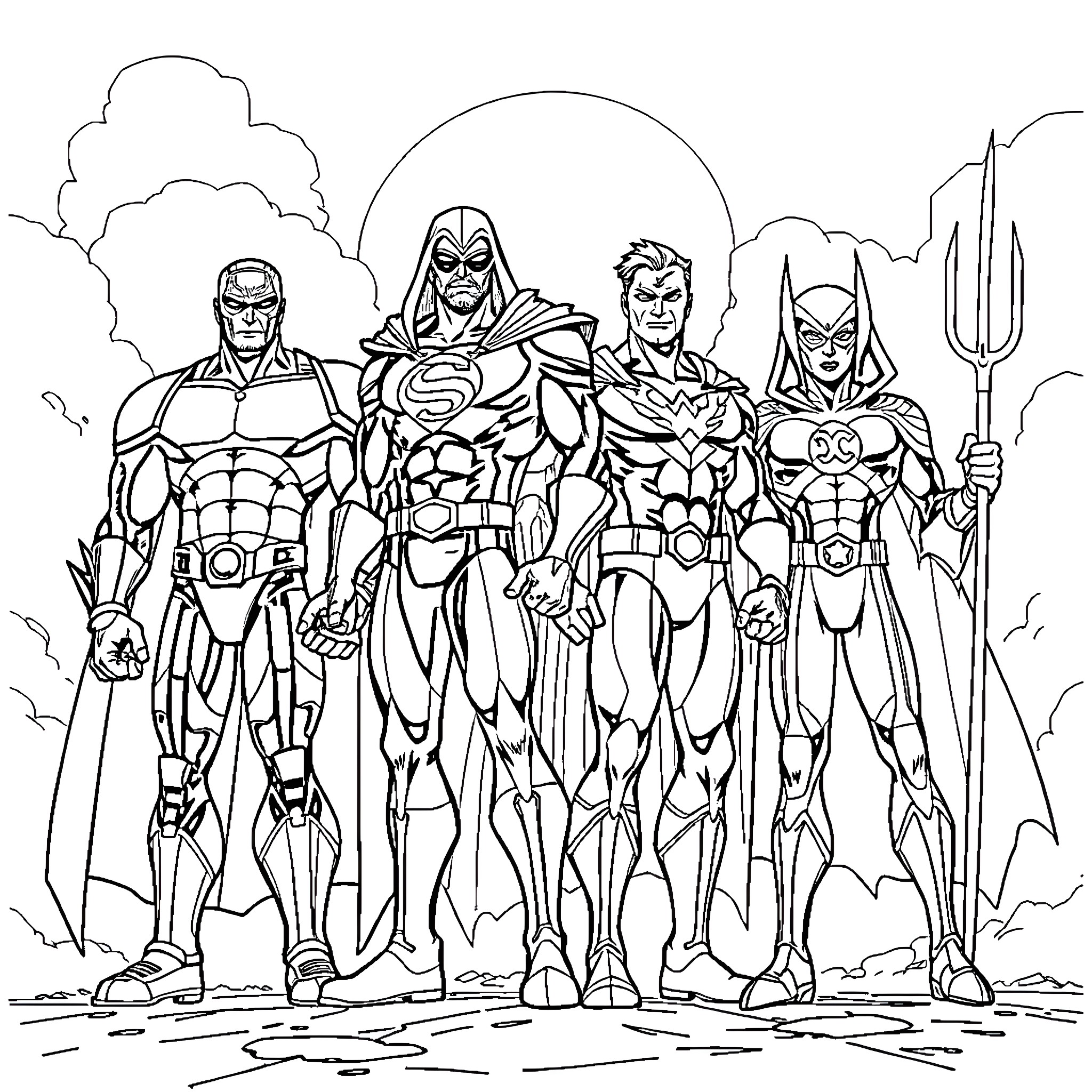 DC Comics Characters in Heroic Poses Coloring Page (free black-and-white line drawing printable PDF for all, from beginners to advanced learners, including children, teens, adults, and seniors)