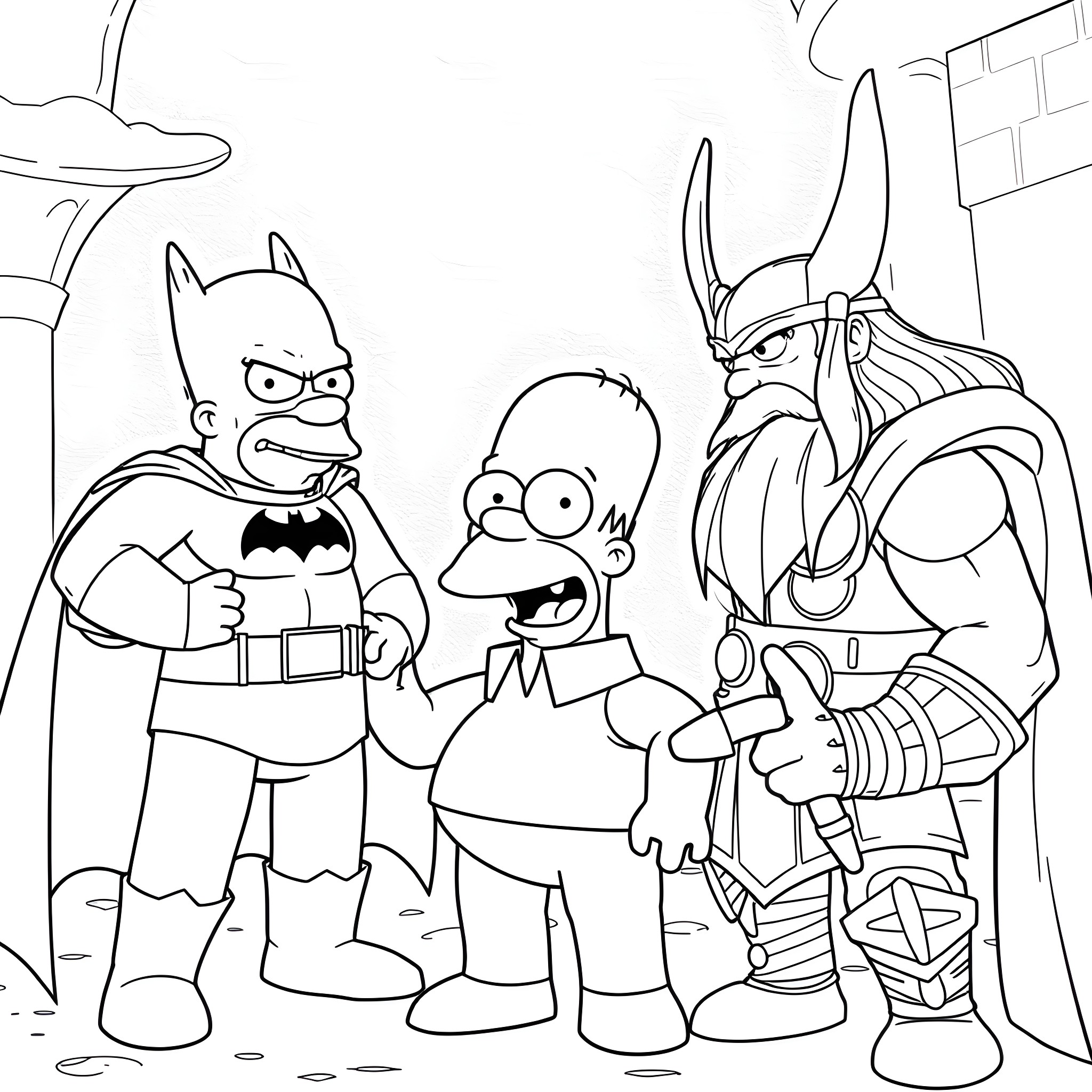Homer Simpson and friends in comical superhero-themed adventure Coloring Page (free black-and-white line drawing printable PDF for all, from beginners to advanced learners, including children, teens, adults, and seniors)