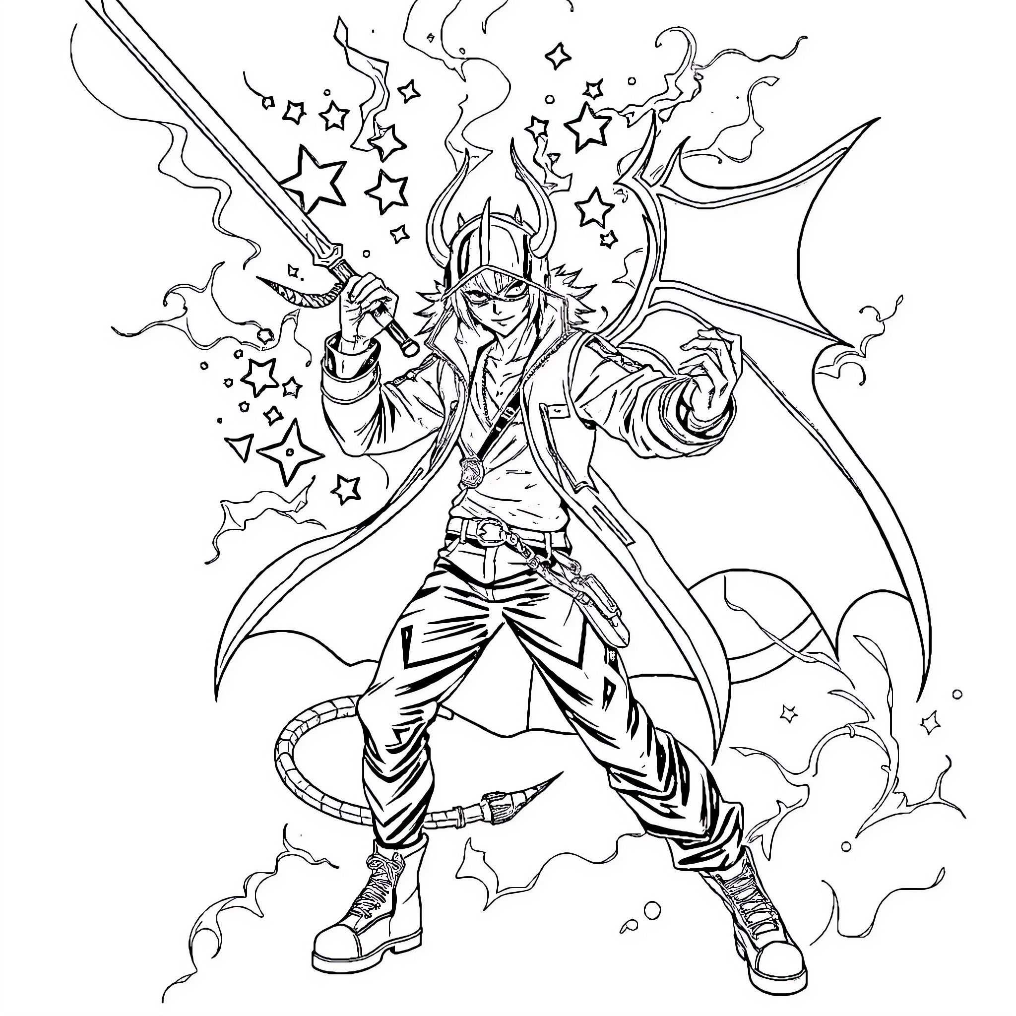 Demon Hunter wielding sword and casting magical spells Coloring Page (free black-and-white line drawing printable PDF for all, from beginners to advanced learners, including children, teens, adults, and seniors)