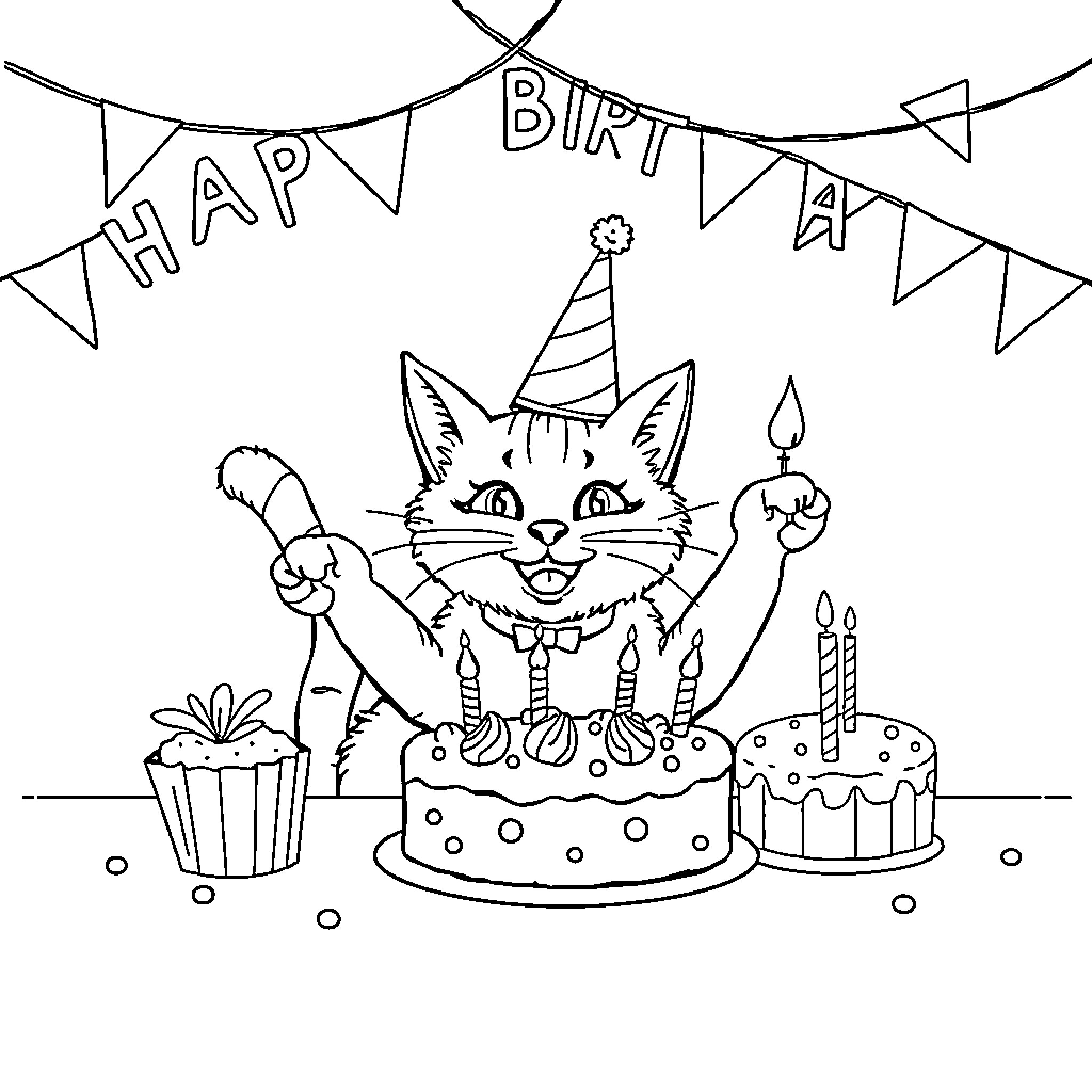 Cat celebrating a happy birthday party Coloring Page (free black-and-white line drawing printable PDF for all, from beginners to advanced learners, including children, teens, adults, and seniors)