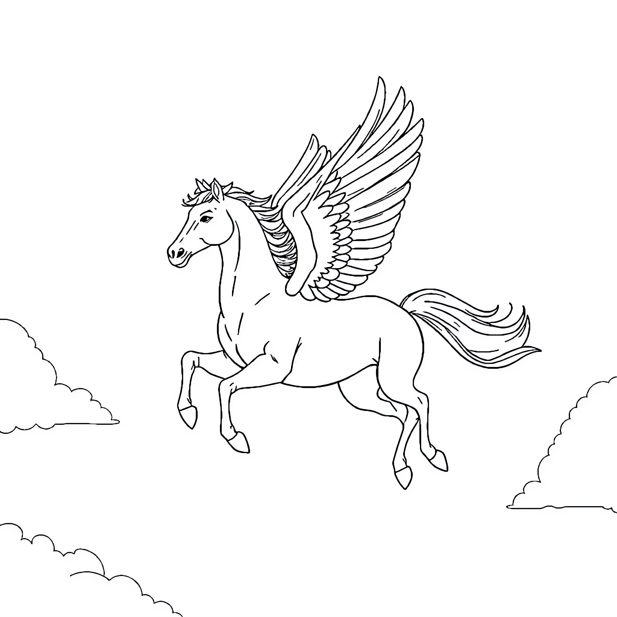Pegasus flying gracefully through the clouds Coloring Page (free black-and-white line drawing printable PDF for all, from beginners to advanced learners, including children, teens, adults, and seniors)