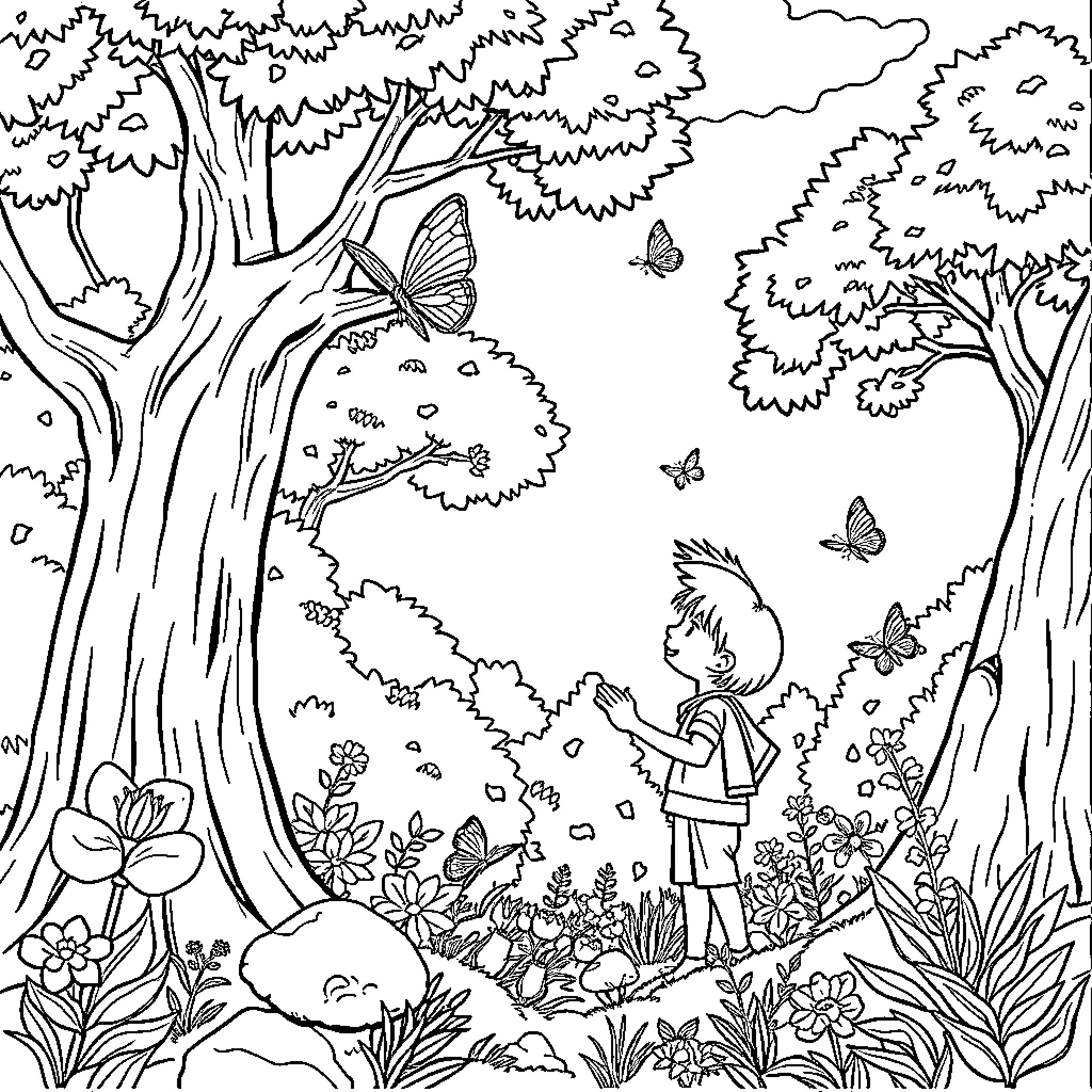 Boy exploring nature with butterflies in the forest Coloring Page (free black-and-white line drawing printable PDF for all, from beginners to advanced learners, including children, teens, adults, and seniors)