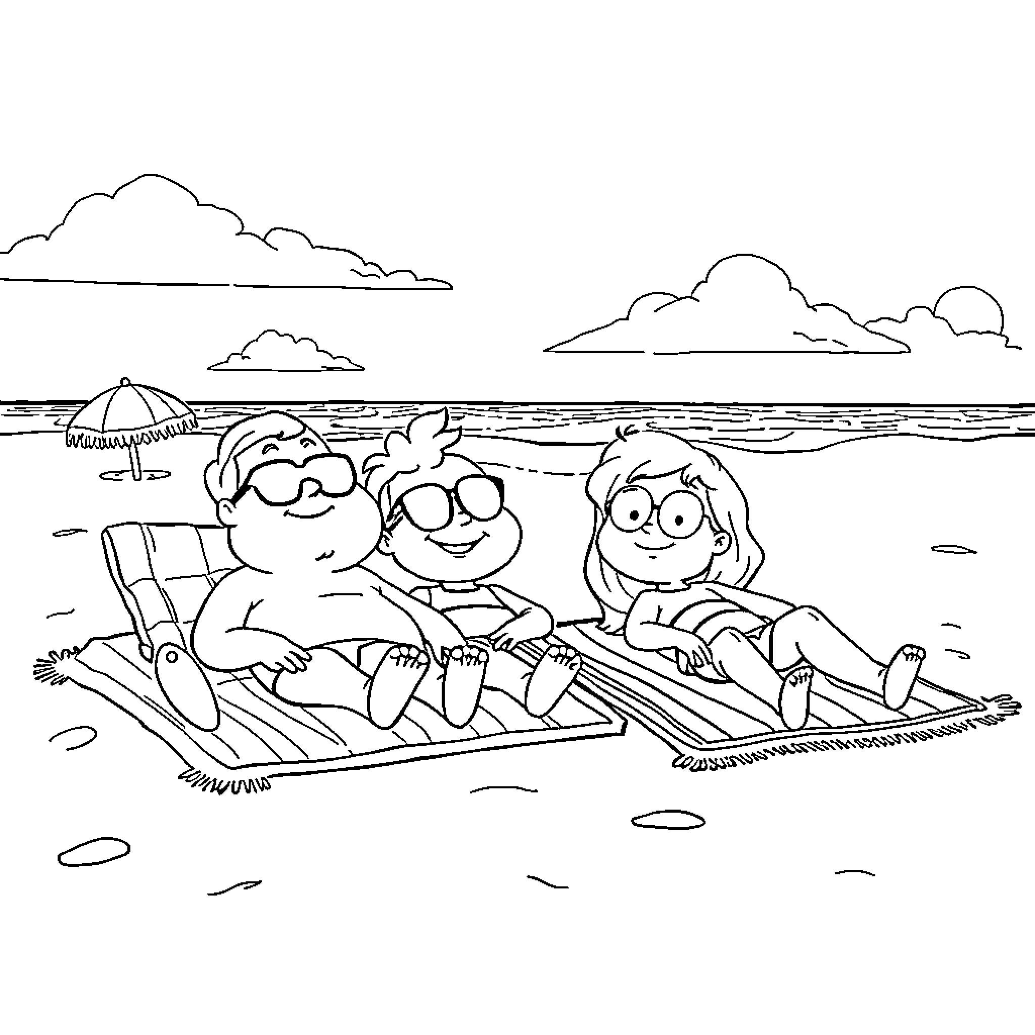 Everking Family Relaxing at the Beach Coloring Page (free black-and-white line drawing printable PDF for all, from beginners to advanced learners, including children, teens, adults, and seniors)