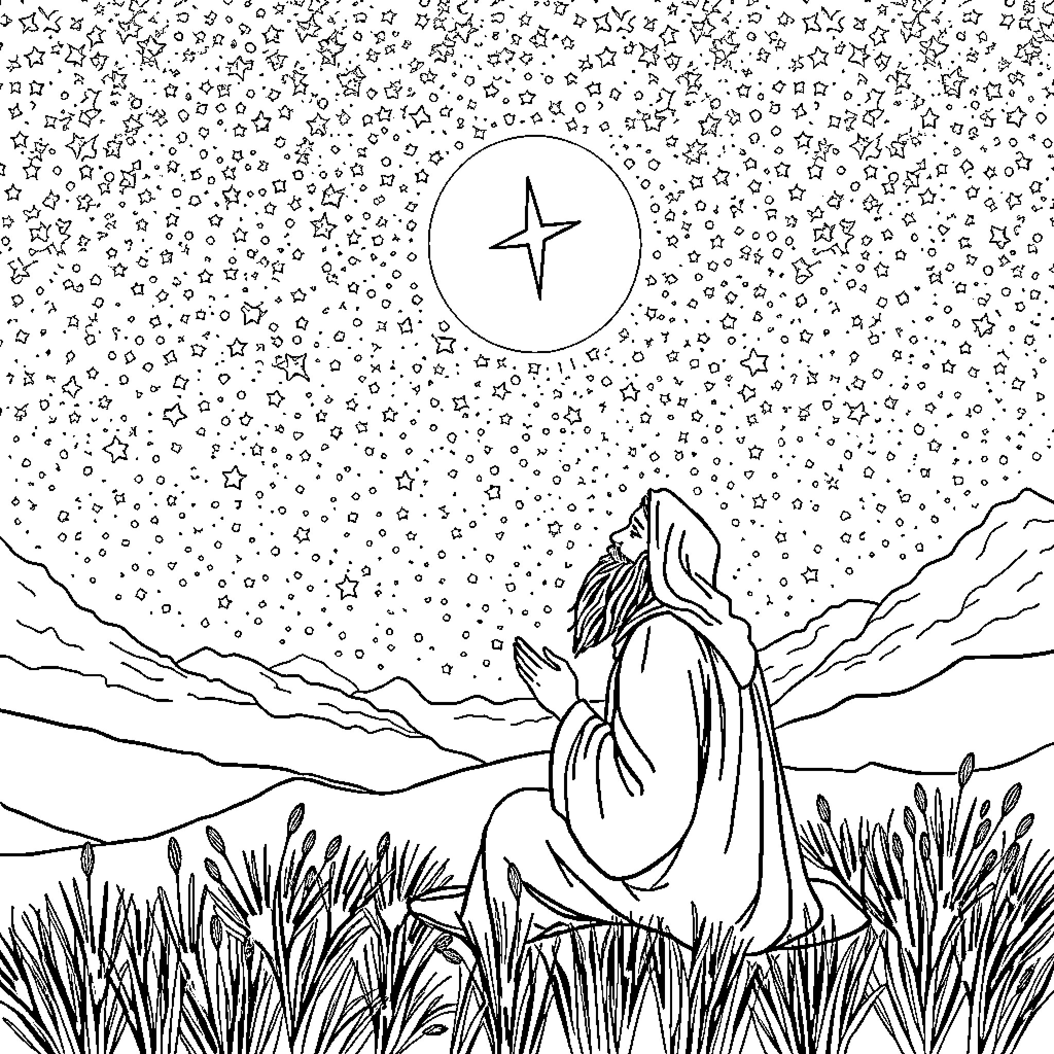 Rumi contemplating the starry night sky Coloring Page (free black-and-white line drawing printable PDF for all, from beginners to advanced learners, including children, teens, adults, and seniors)