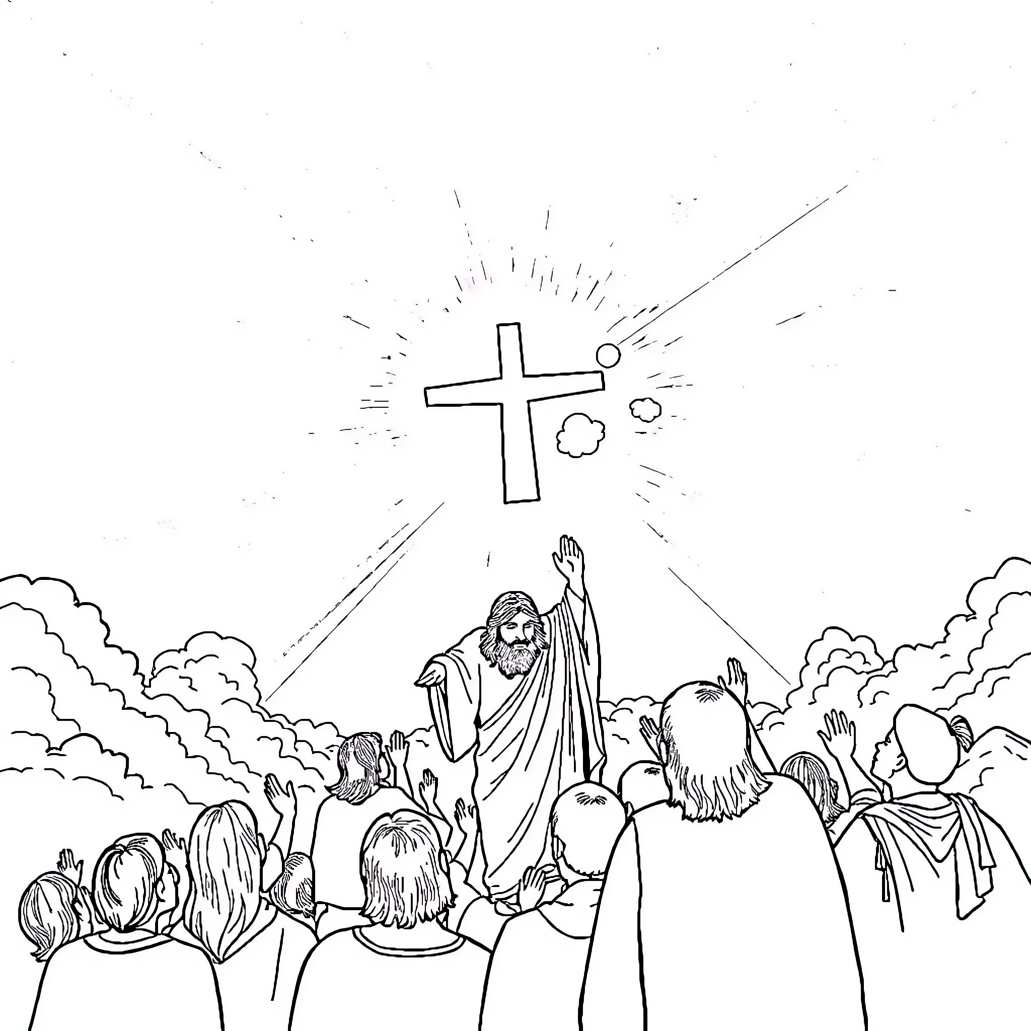 Jesus leading a group of worshippers under a shining cross Coloring Page (free black-and-white line drawing printable PDF for all, from beginners to advanced learners, including children, teens, adults, and seniors)