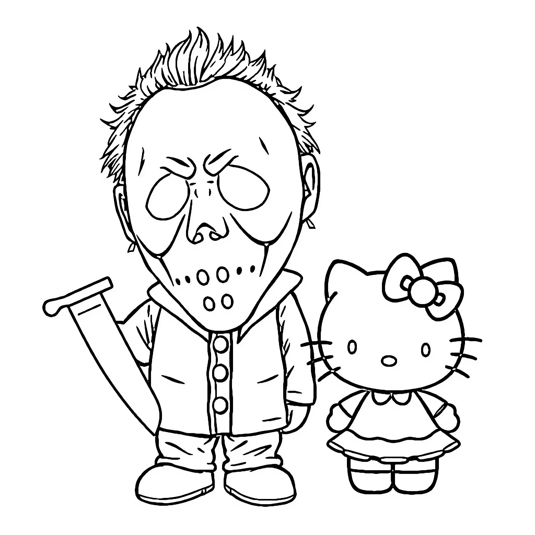 Michael Myers terrorizes Hello Kitty in dark attire Coloring Page (free black-and-white line drawing printable PDF for all, from beginners to advanced learners, including children, teens, adults, and seniors)