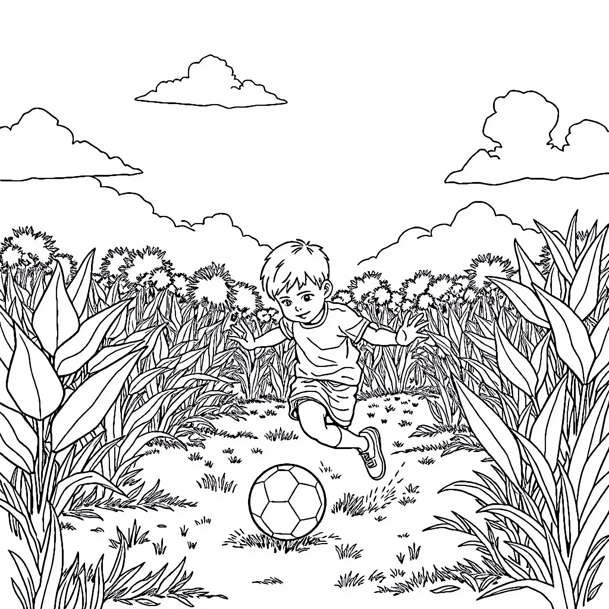 Anak playing joyfully in lush natural landscape Coloring Page (free black-and-white line drawing printable PDF for all, from beginners to advanced learners, including children, teens, adults, and seniors)