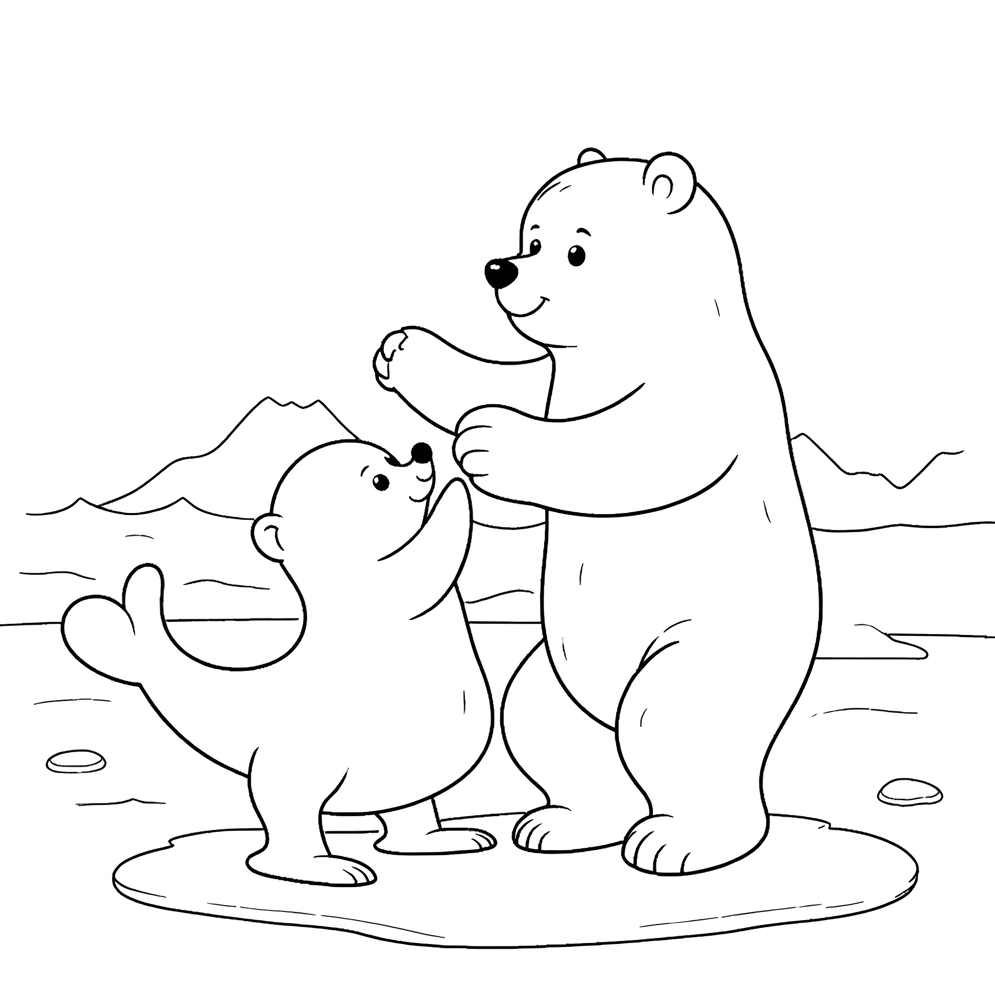 Polar Bear Family Bonding Coloring Page (free black-and-white line drawing printable PDF for all, from beginners to advanced learners, including children, teens, adults, and seniors)
