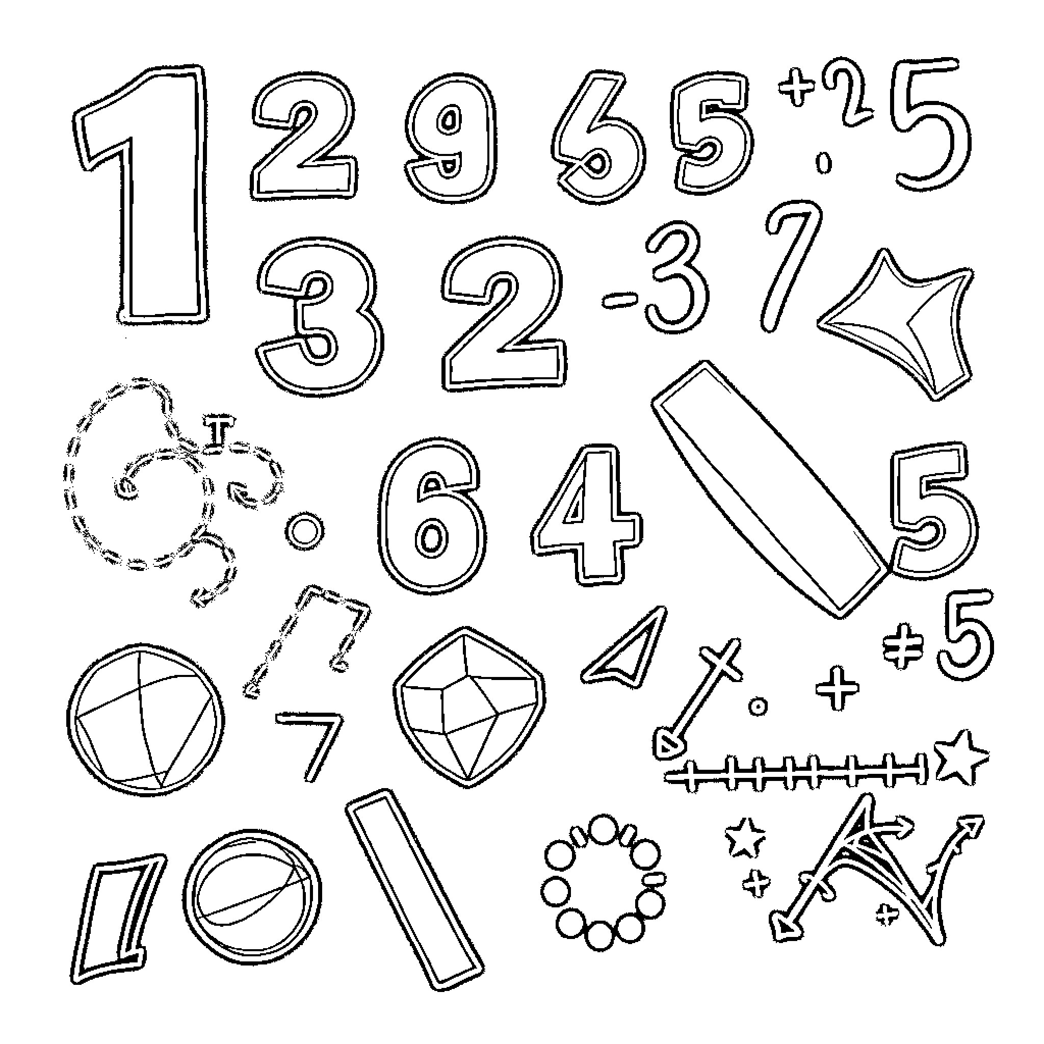 Mathematics symbols, shapes, and numerals Coloring Page (free black-and-white line drawing printable PDF for all, from beginners to advanced learners, including children, teens, adults, and seniors)