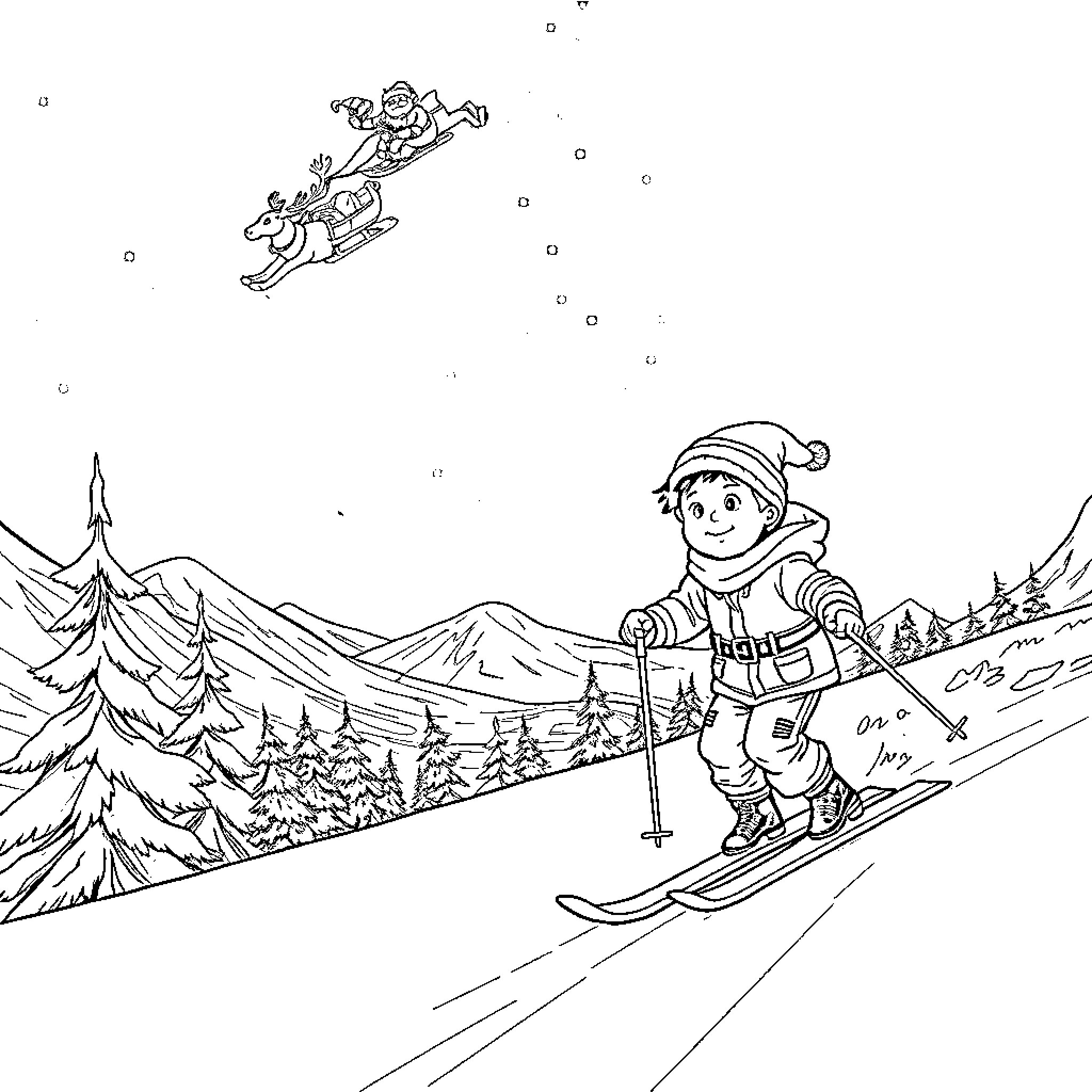 Boy skiing down snowy mountain with winter figures Coloring Page (free black-and-white line drawing printable PDF for all, from beginners to advanced learners, including children, teens, adults, and seniors)