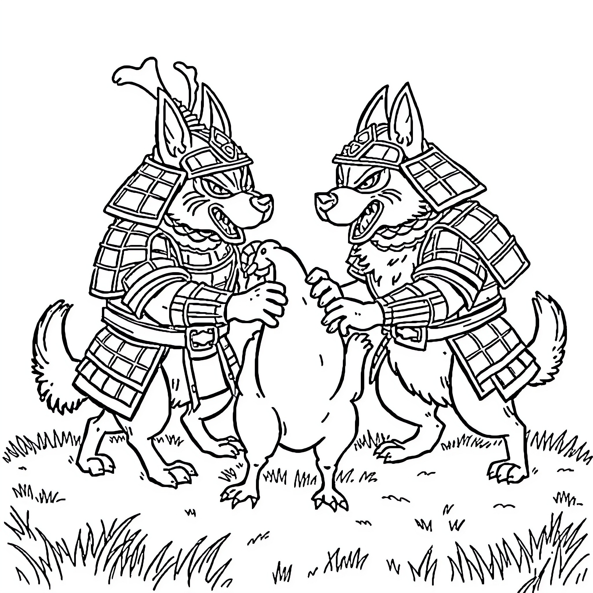 Samurai Dogs Engaged in Intense Combat Coloring Page (free black-and-white line drawing printable PDF for all, from beginners to advanced learners, including children, teens, adults, and seniors)
