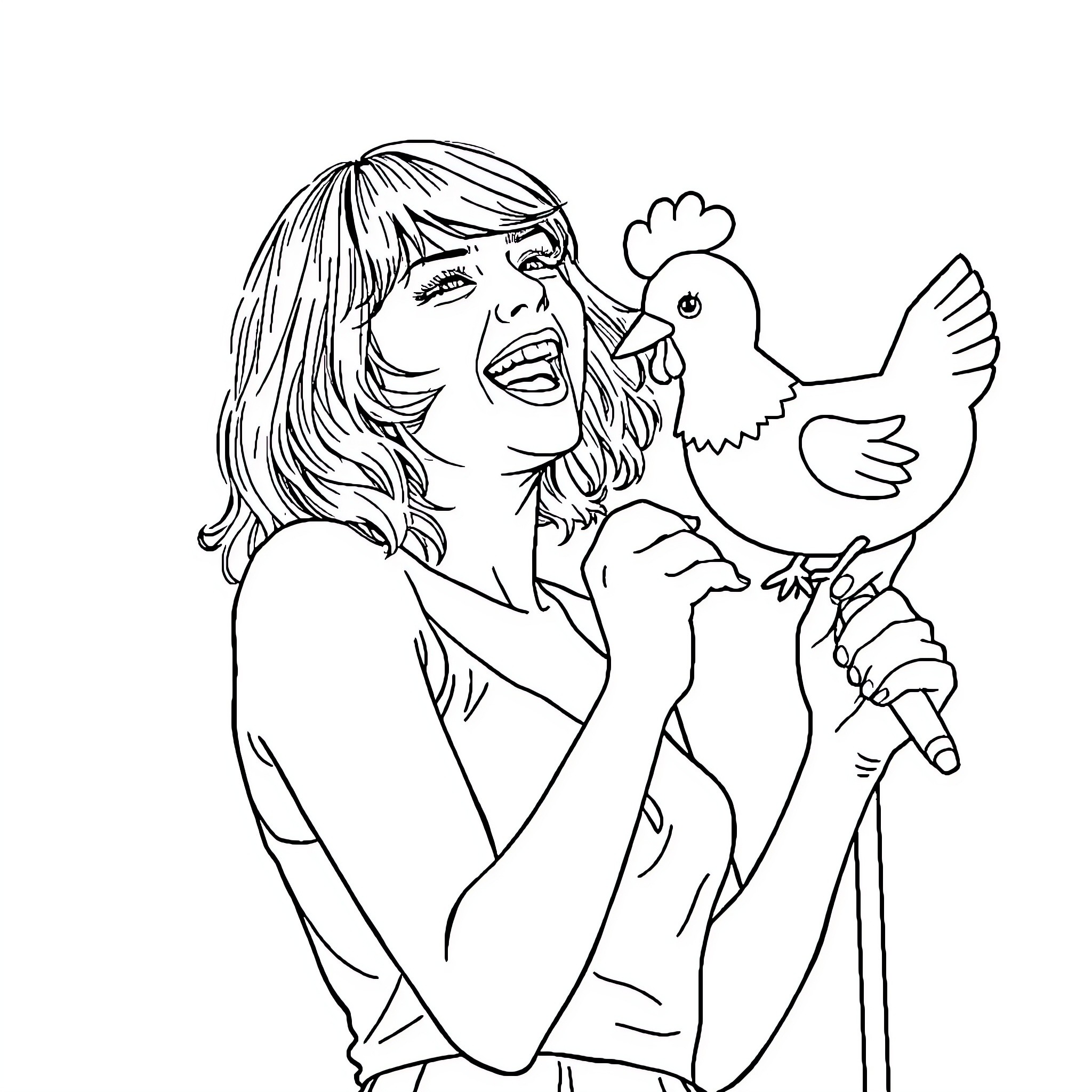 Taylor Swift playing happily with a rooster Coloring Page (free black-and-white line drawing printable PDF for all, from beginners to advanced learners, including children, teens, adults, and seniors)