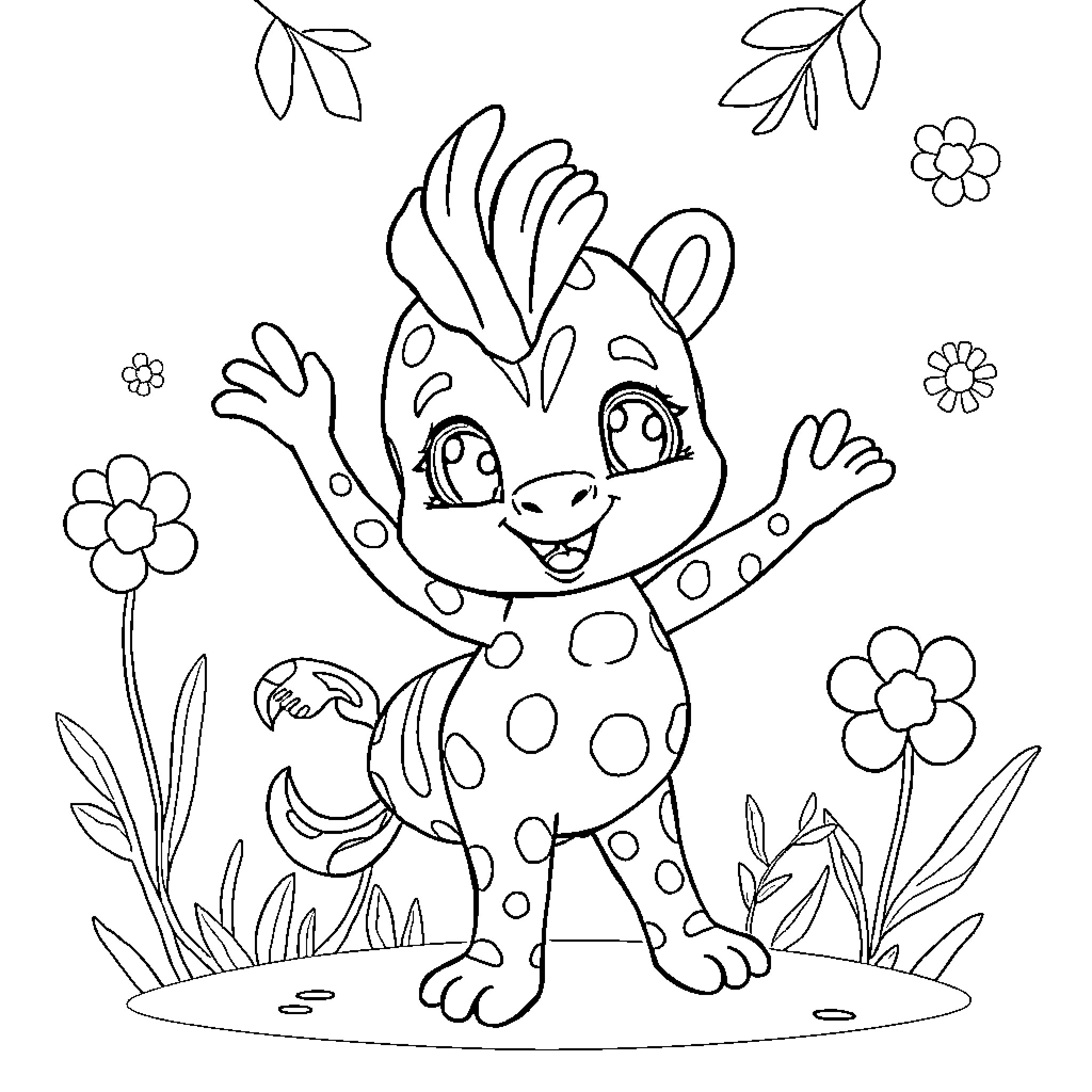Bumba the Cheerful Spotted Creature in Nature Coloring Page (free black-and-white line drawing printable PDF for all, from beginners to advanced learners, including children, teens, adults, and seniors)