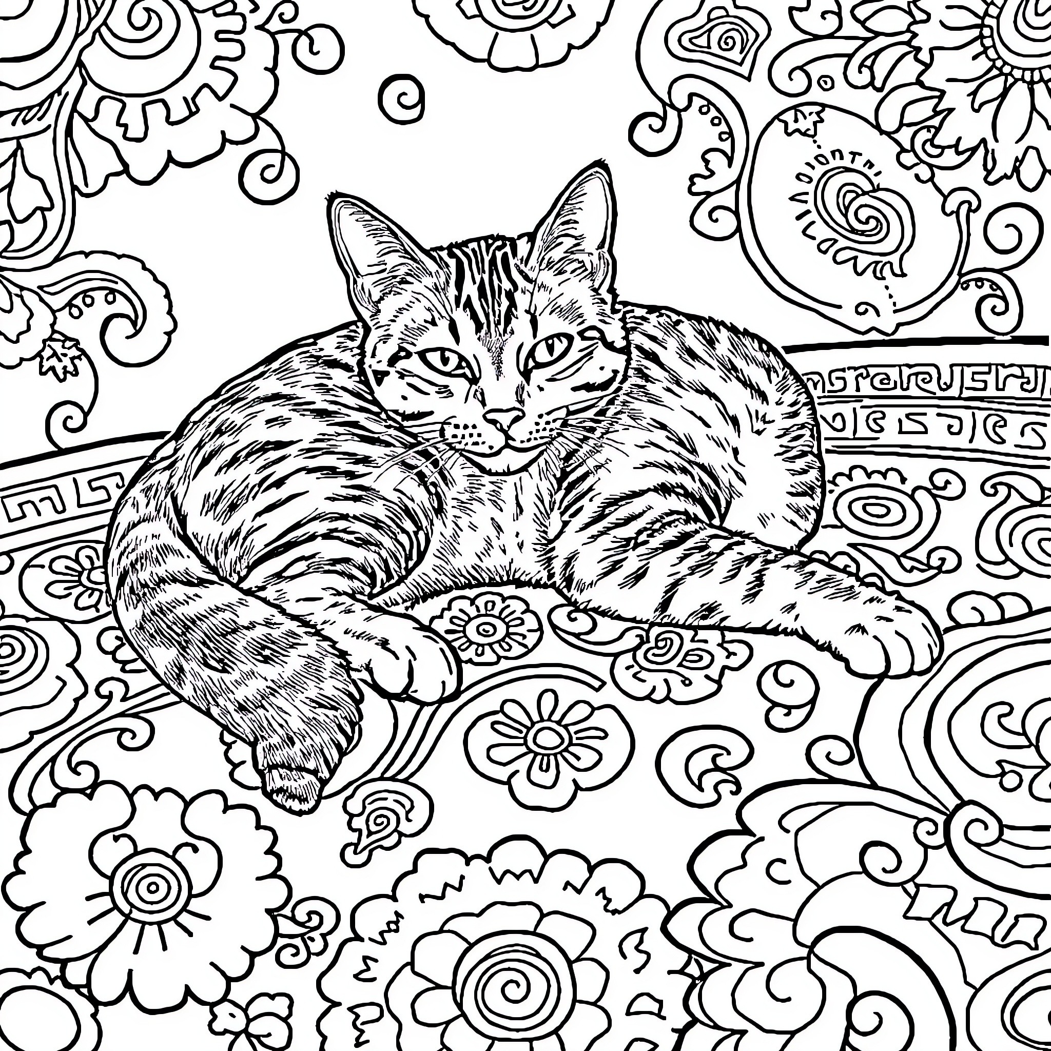 Tabby Cat Resting in Ornate Floral Pattern Coloring Page (free black-and-white line drawing printable PDF for all, from beginners to advanced learners, including children, teens, adults, and seniors)