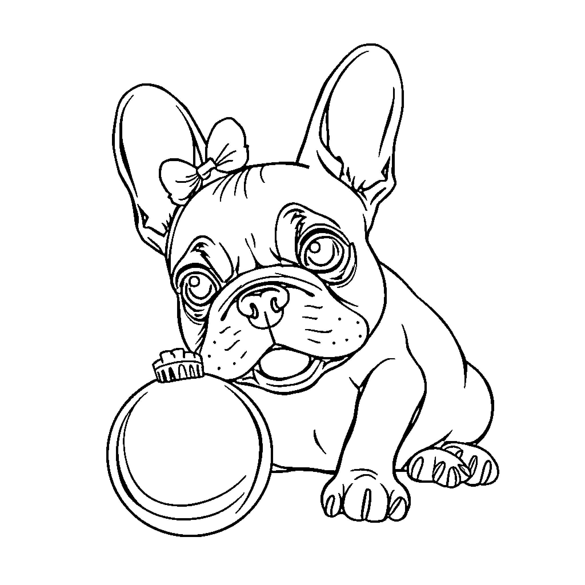 French Bulldog puppy playing with magnifying glass Coloring Page (free black-and-white line drawing printable PDF for all, from beginners to advanced learners, including children, teens, adults, and seniors)