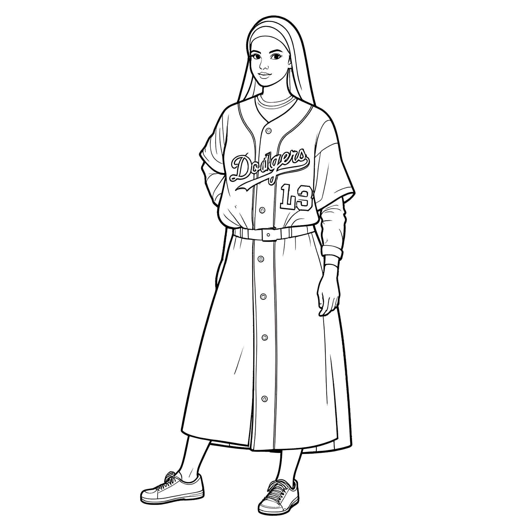 Nun in sports uniform standing confidently Coloring Page (free black-and-white line drawing printable PDF for all, from beginners to advanced learners, including children, teens, adults, and seniors)