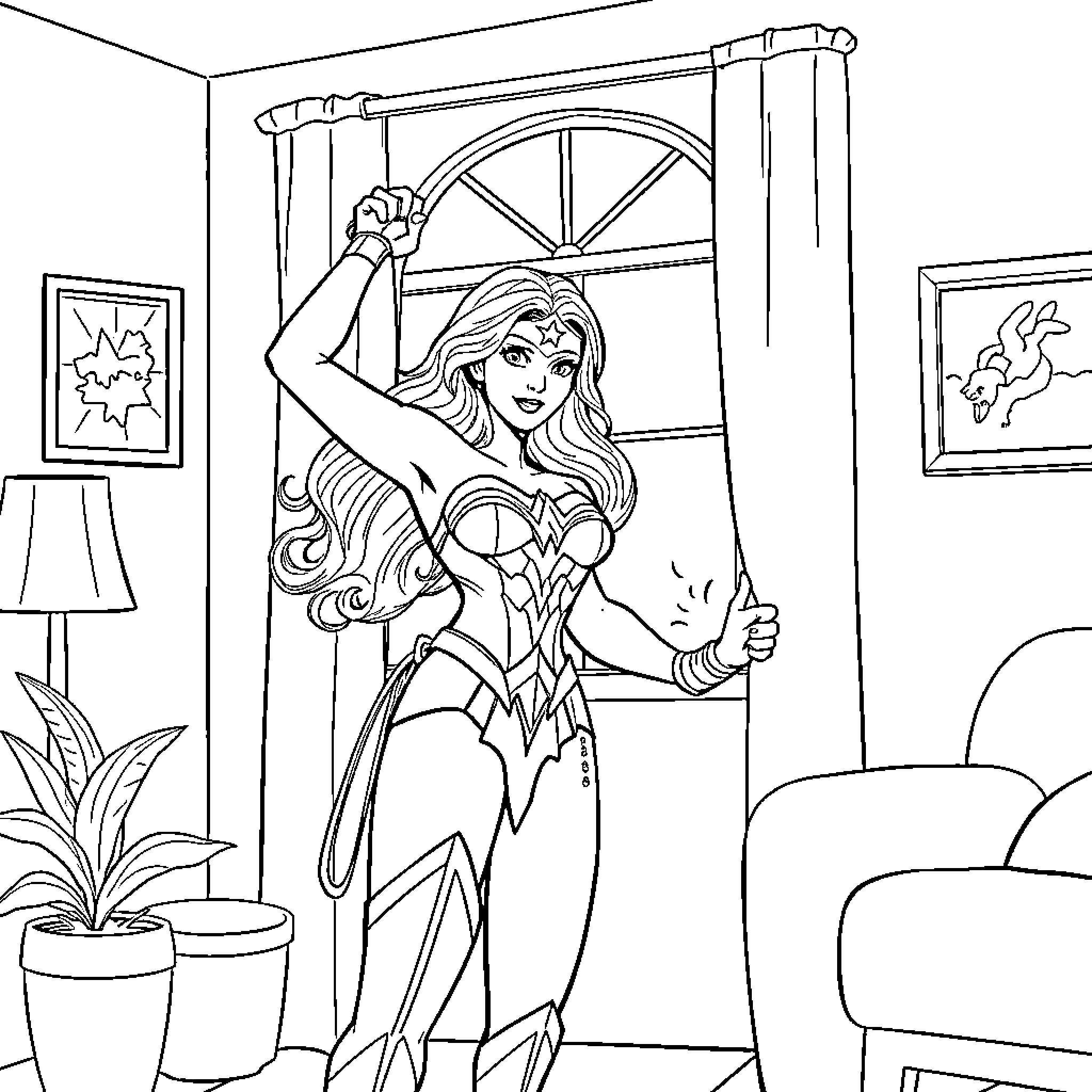 Wonder Woman posing heroically in a room Coloring Page (free black-and-white line drawing printable PDF for all, from beginners to advanced learners, including children, teens, adults, and seniors)