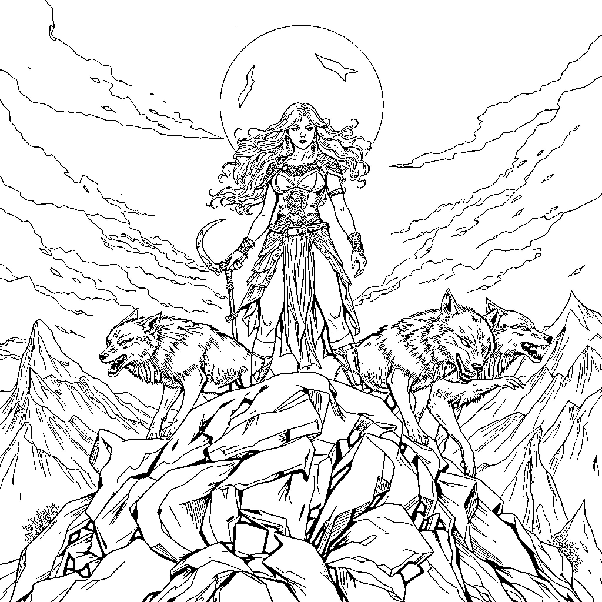 Woman warrior leading pack of wolves in the mountains Coloring Page (free black-and-white line drawing printable PDF for all, from beginners to advanced learners, including children, teens, adults, and seniors)