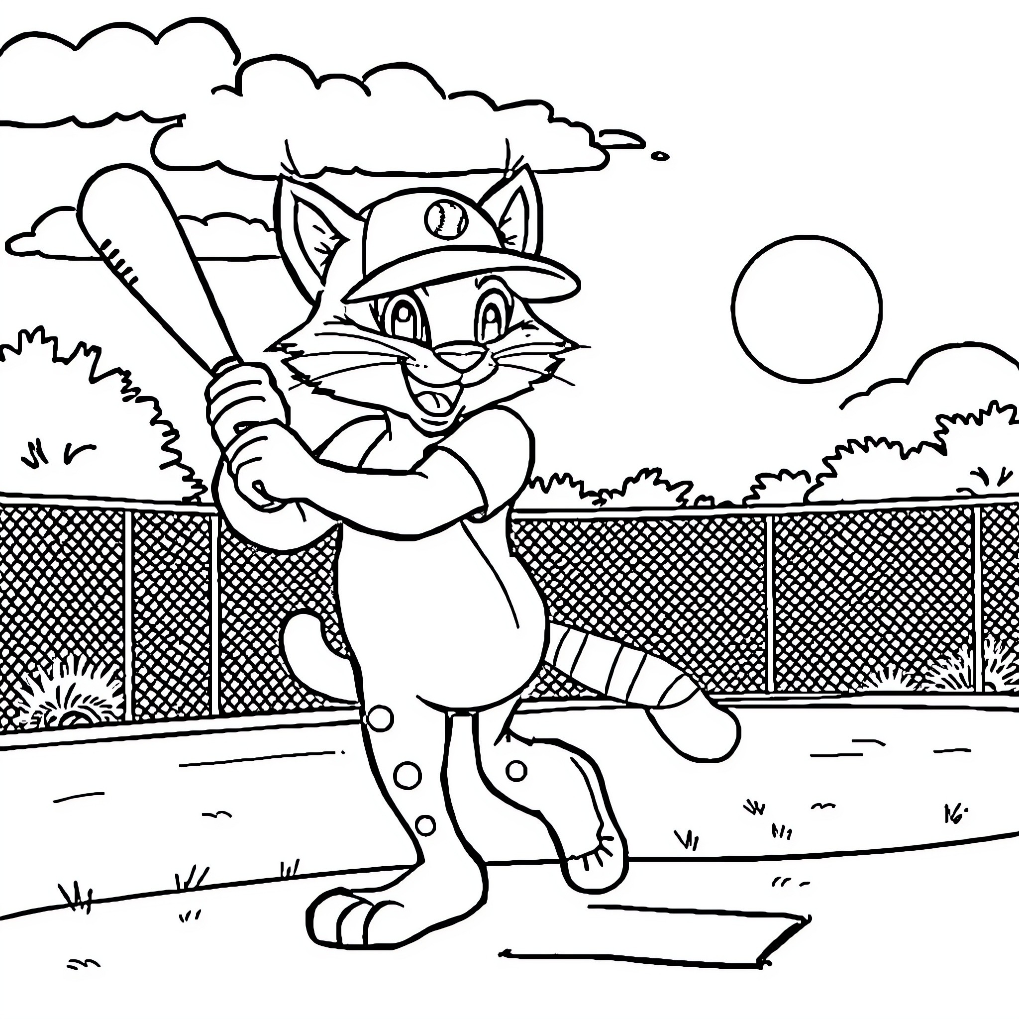 Wildcat playing baseball in the park Coloring Page (free black-and-white line drawing printable PDF for all, from beginners to advanced learners, including children, teens, adults, and seniors)