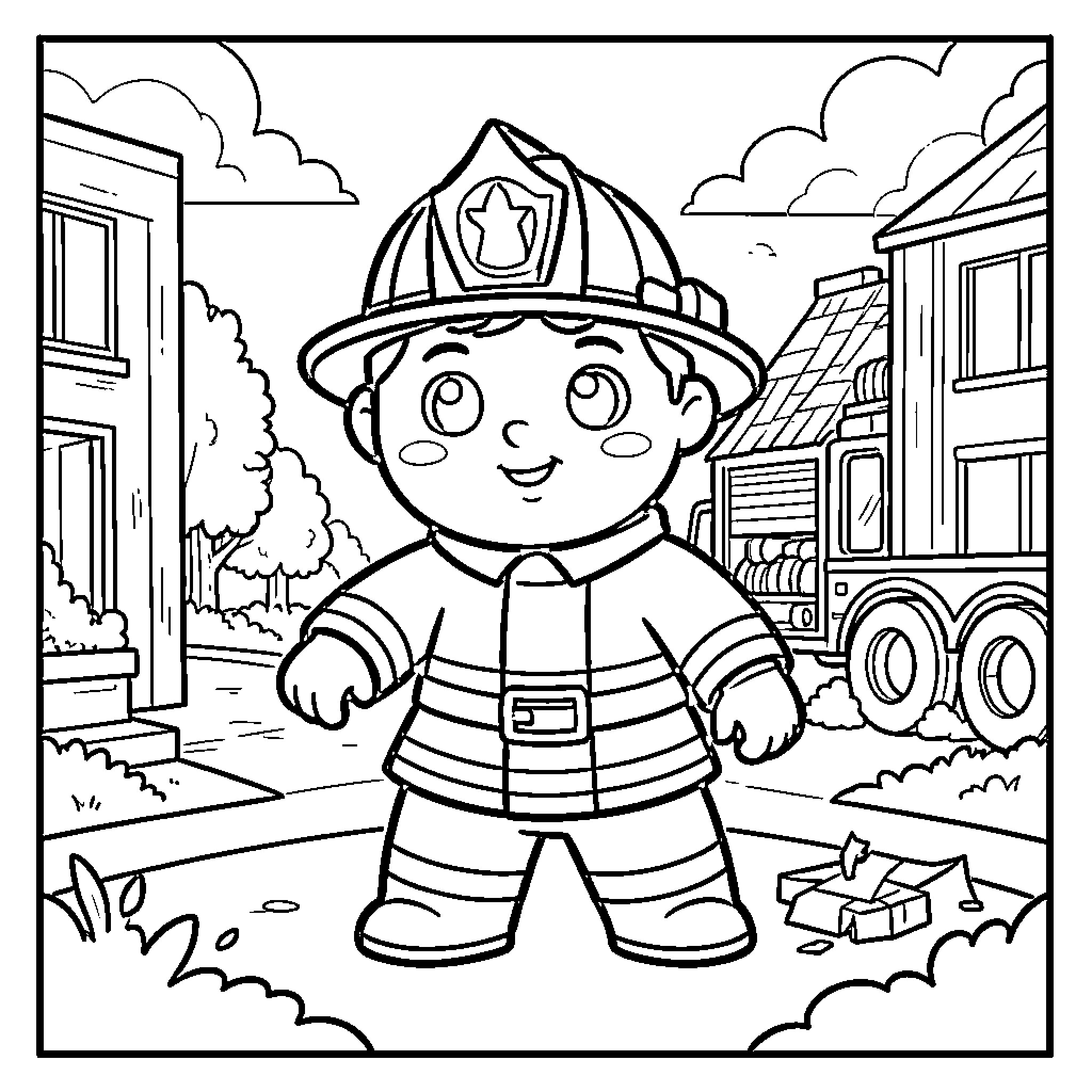 Tchoupi dressed as a firefighter standing near a truck Coloring Page (free black-and-white line drawing printable PDF for all, from beginners to advanced learners, including children, teens, adults, and seniors)