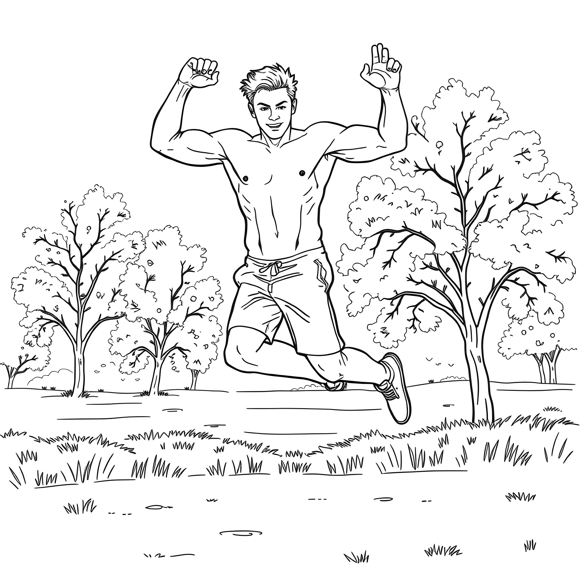 Man doing exercises outdoors in the forest Coloring Page (free black-and-white line drawing printable PDF for all, from beginners to advanced learners, including children, teens, adults, and seniors)