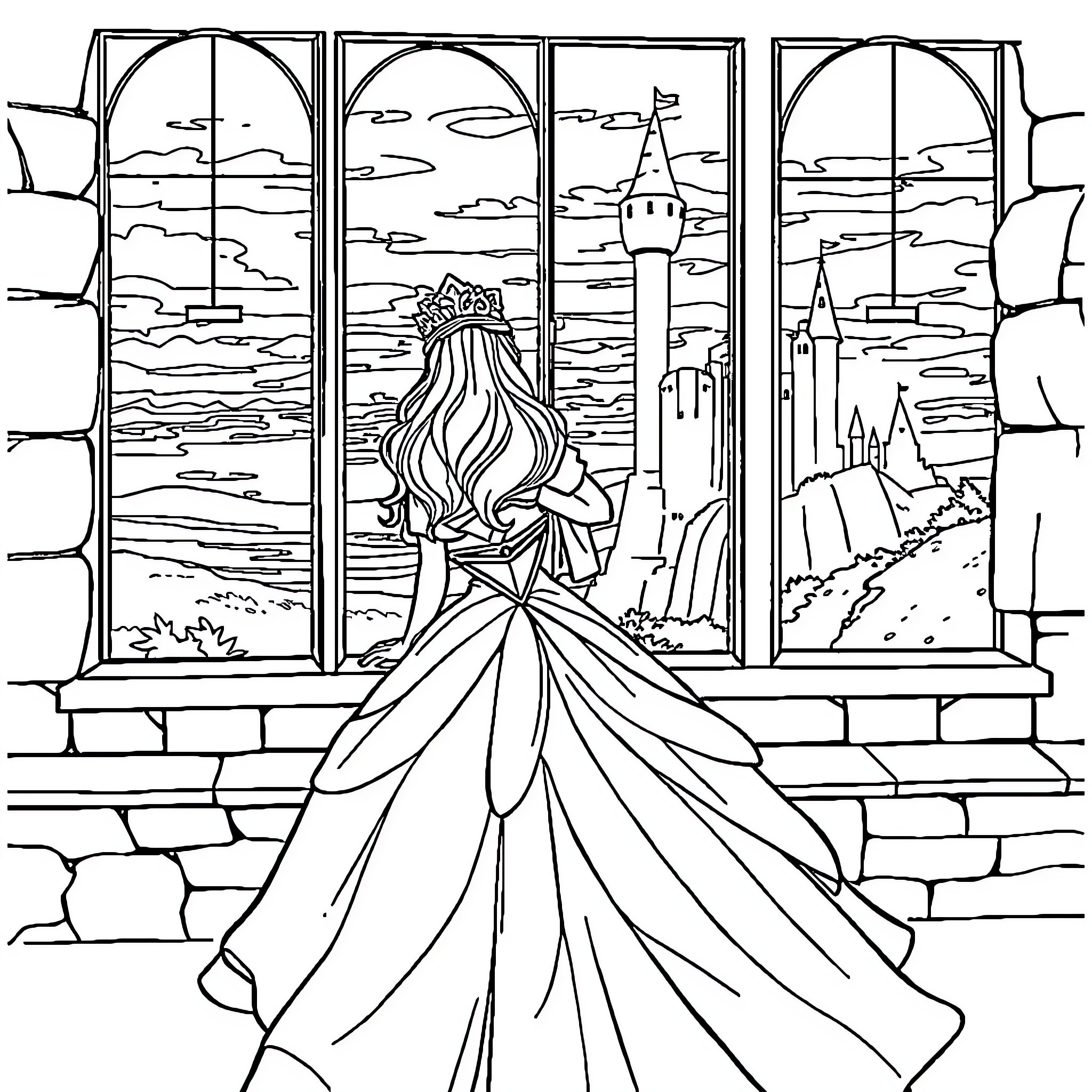 Princess Admiring the Castle View Coloring Page (free black-and-white line drawing printable PDF for all, from beginners to advanced learners, including children, teens, adults, and seniors)