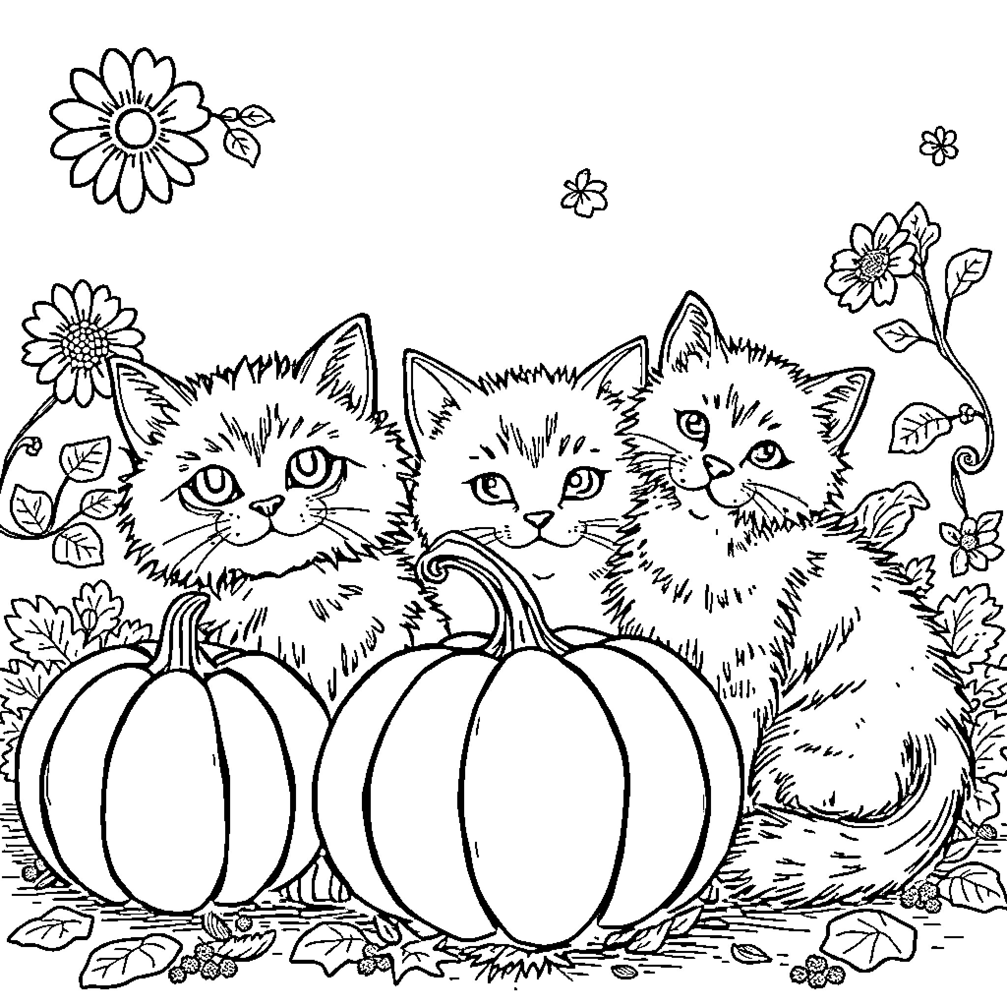 Cat kittens playing in autumn garden Coloring Page (free black-and-white line drawing printable PDF for all, from beginners to advanced learners, including children, teens, adults, and seniors)