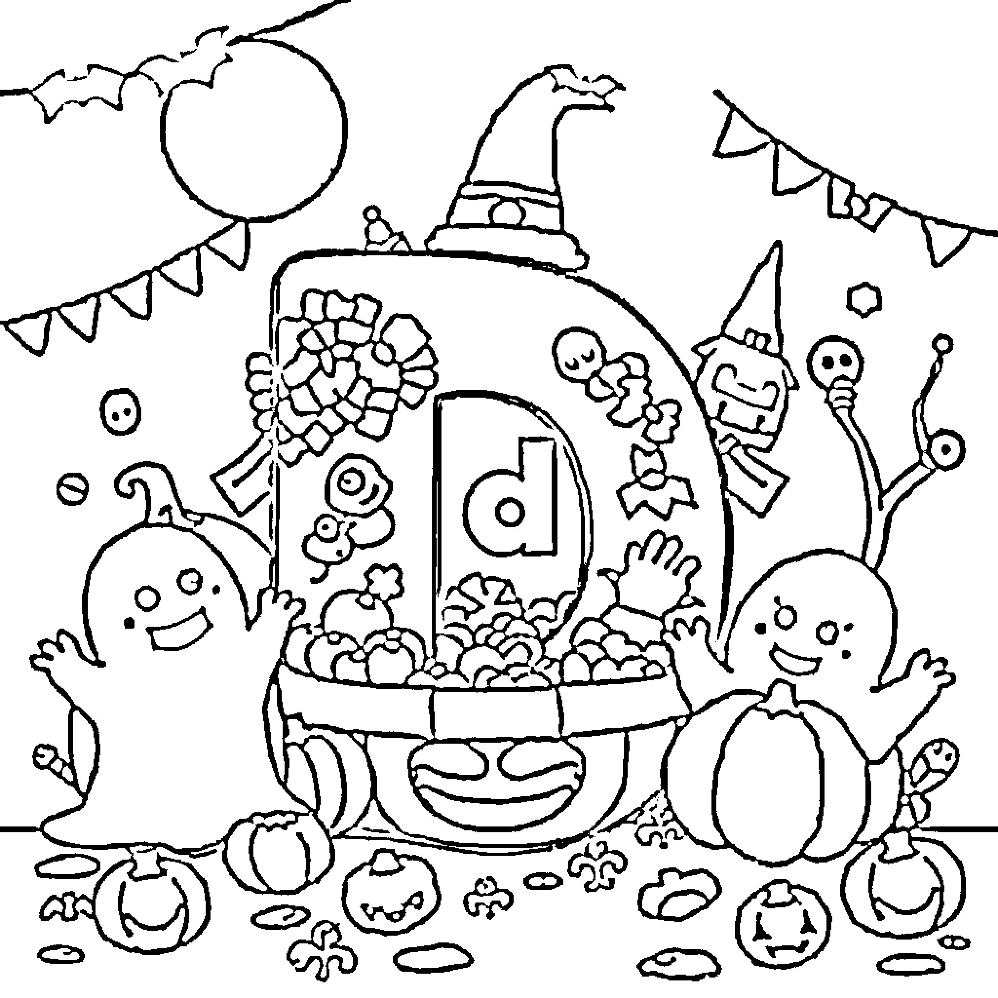 Halloween fun with playful creatures and decorations Coloring Page (free black-and-white line drawing printable PDF for all, from beginners to advanced learners, including children, teens, adults, and seniors)