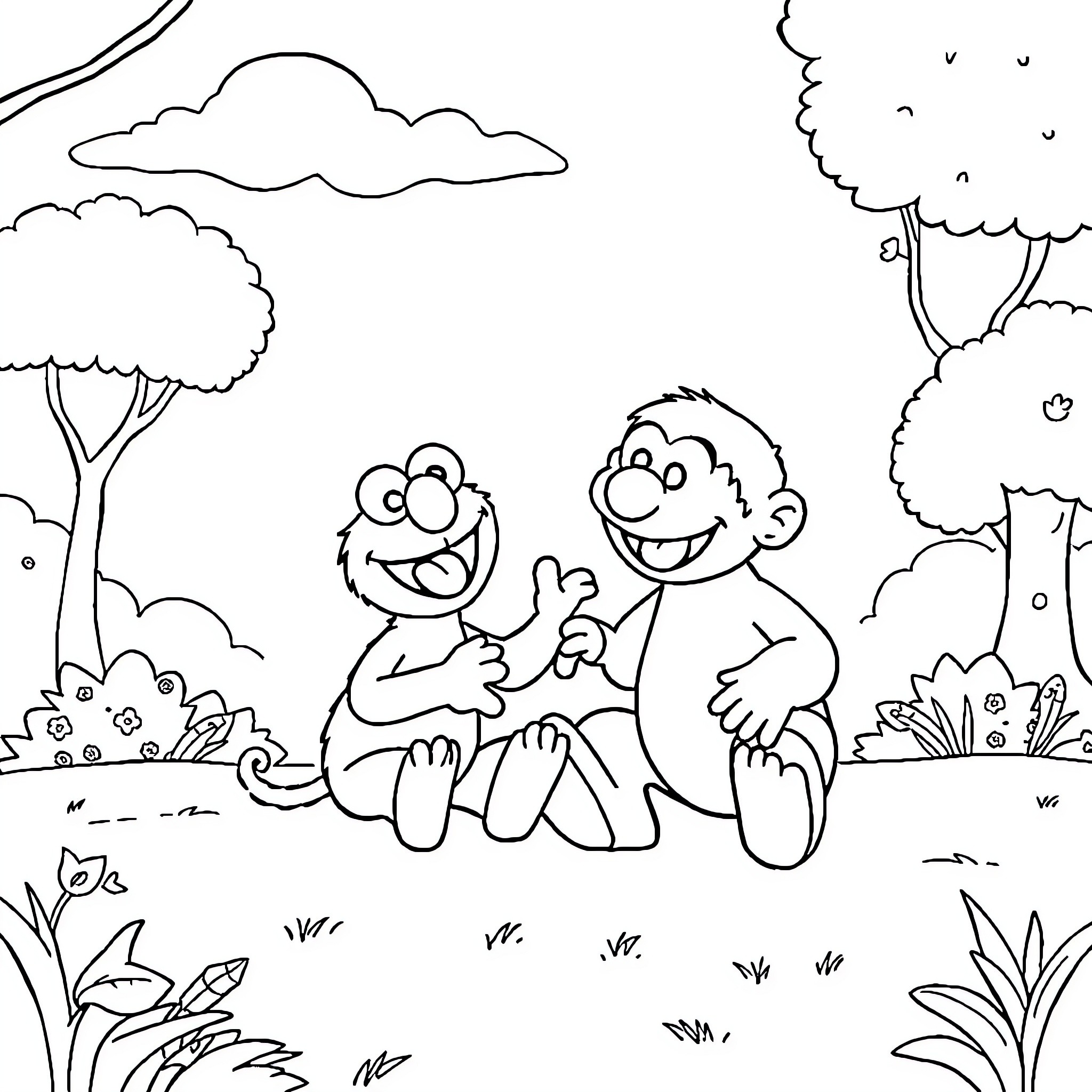 Elmo and friends enjoy a playful outing in the park Coloring Page (free black-and-white line drawing printable PDF for all, from beginners to advanced learners, including children, teens, adults, and seniors)