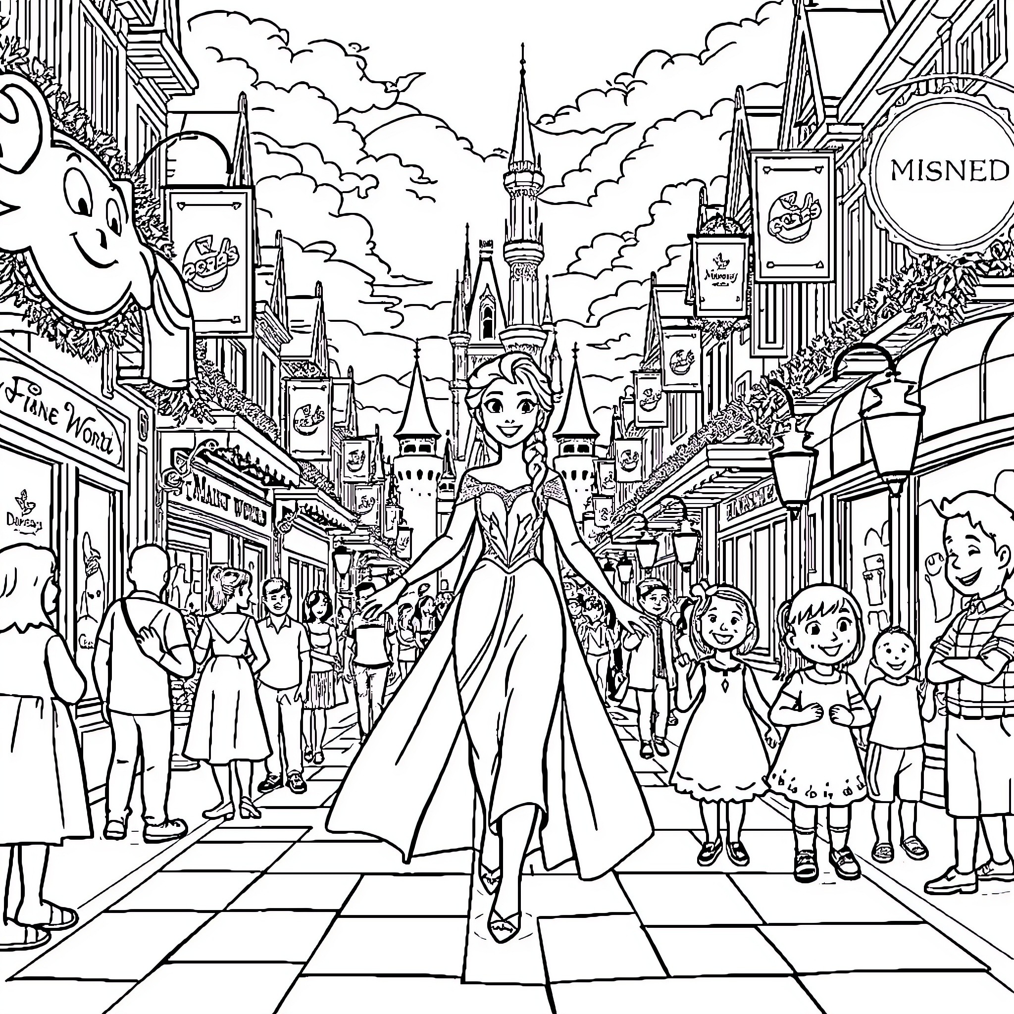 Elsa's Enchanting Adventure in the Magical Town Coloring Page (free black-and-white line drawing printable PDF for all, from beginners to advanced learners, including children, teens, adults, and seniors)