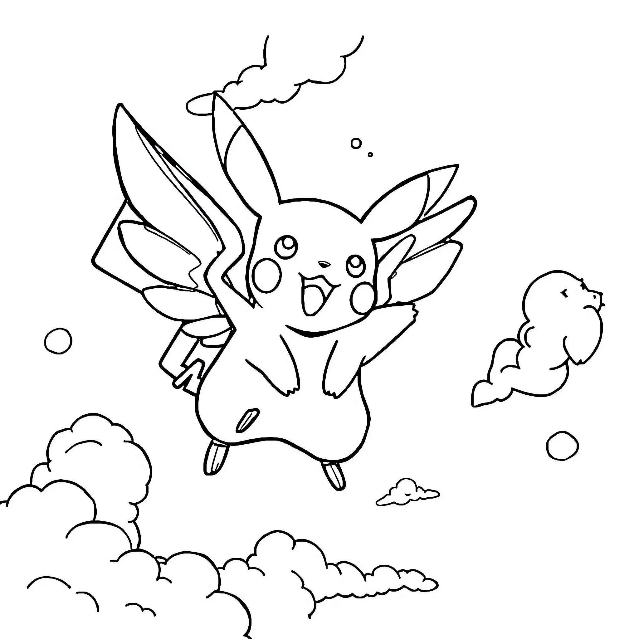 Pikachu flying happily in the clouds Coloring Page (free black-and-white line drawing printable PDF for all, from beginners to advanced learners, including children, teens, adults, and seniors)